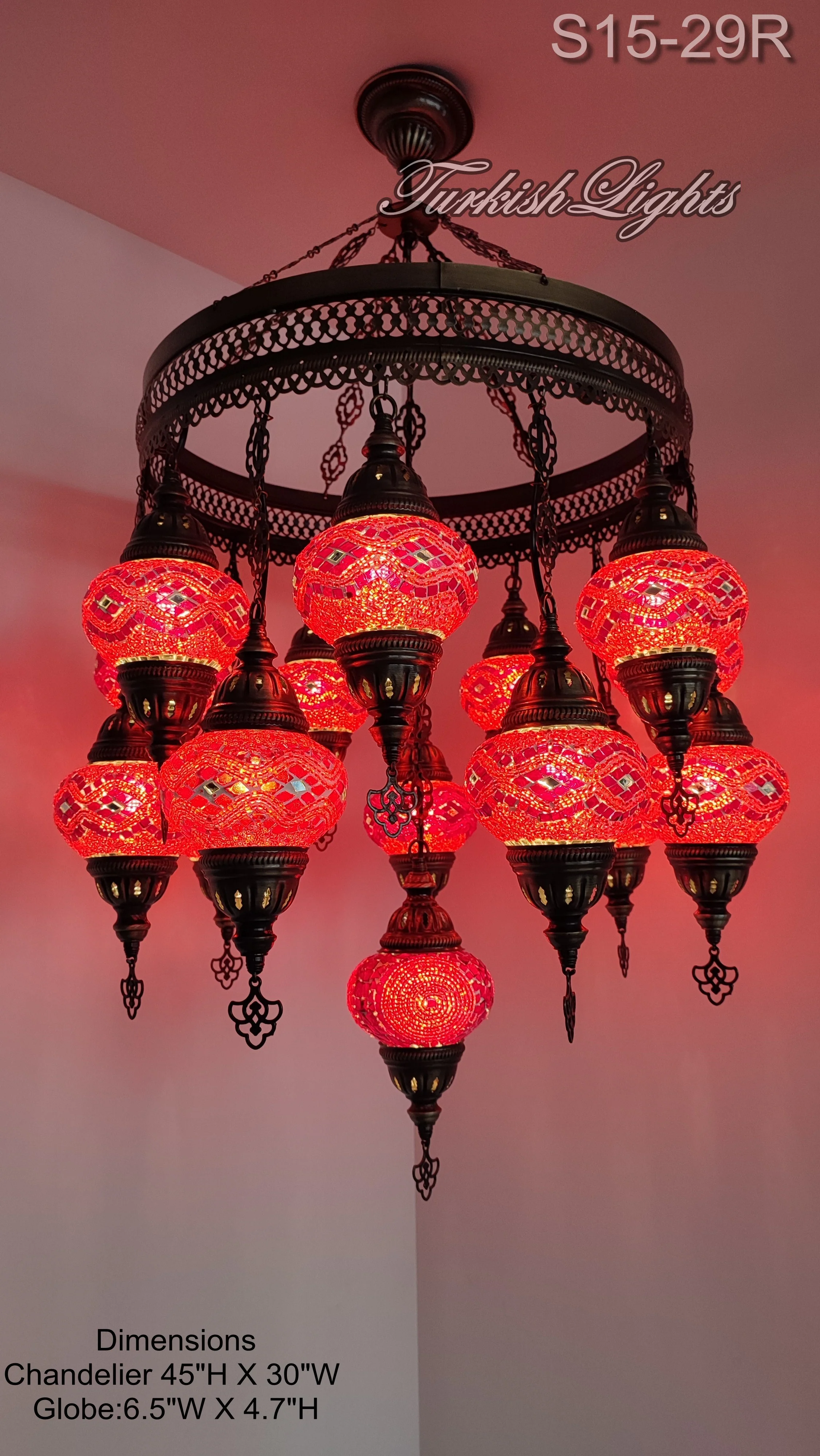 15 Ball Turkish Sultan Mosaic Chandelier - Handmade Design with Medium Globes, ID: S15M-29R