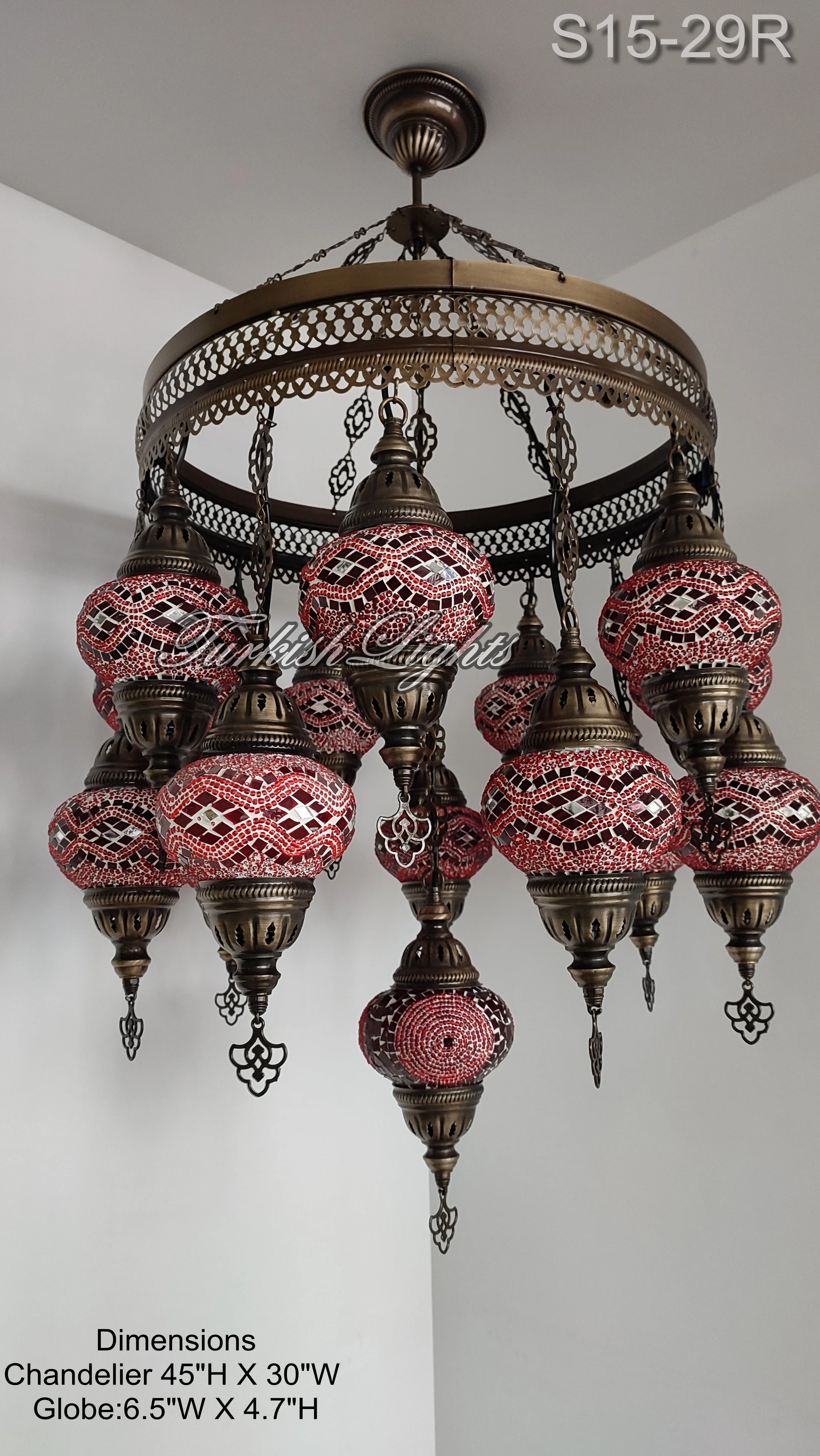 15 Ball Turkish Sultan Mosaic Chandelier - Handmade Design with Medium Globes, ID: S15M-29R - Image 4