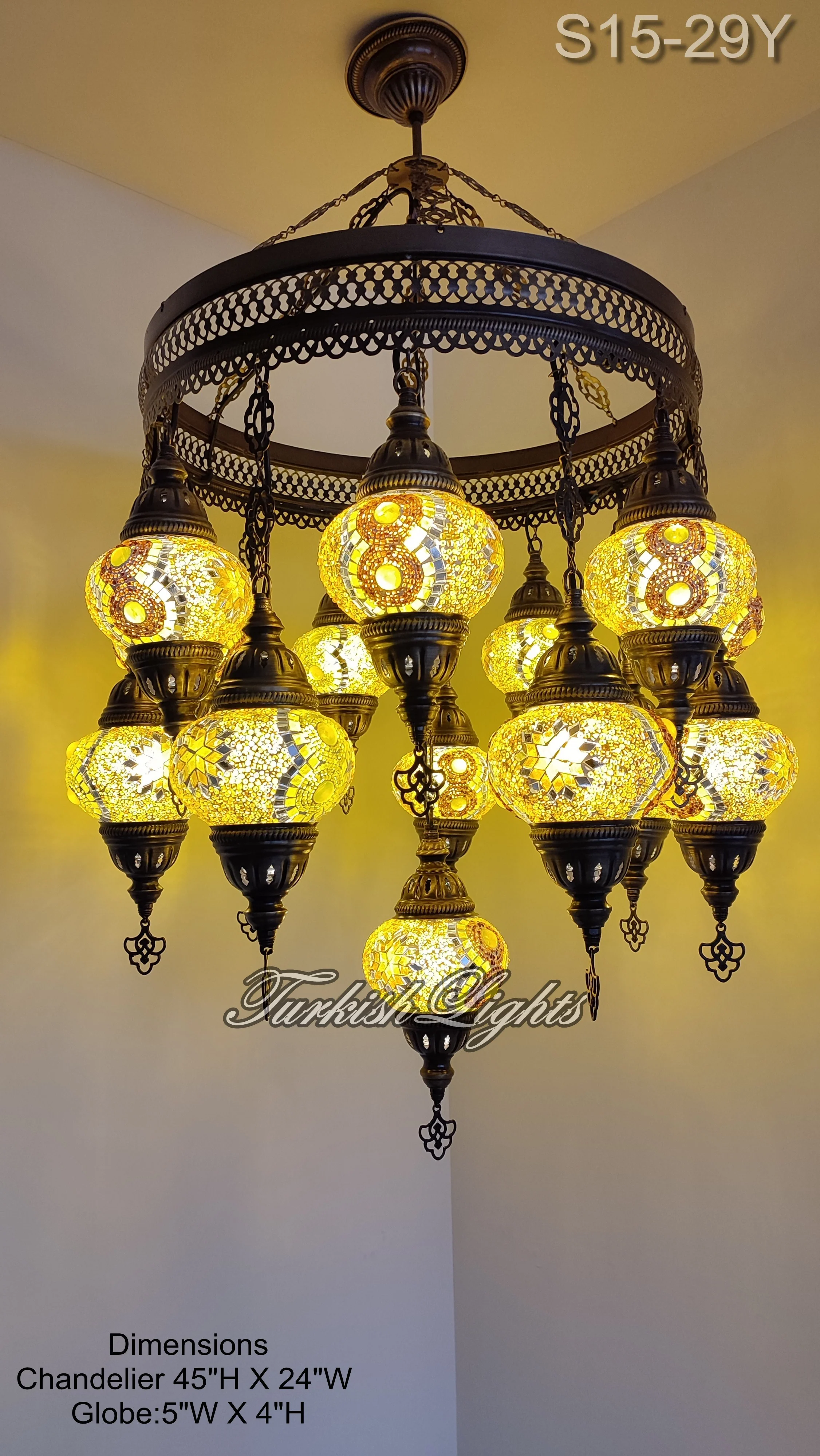 15 Ball Turkish Sultan Mosaic Chandelier - Handmade Design with Medium Globes, ID: S15M-29Y