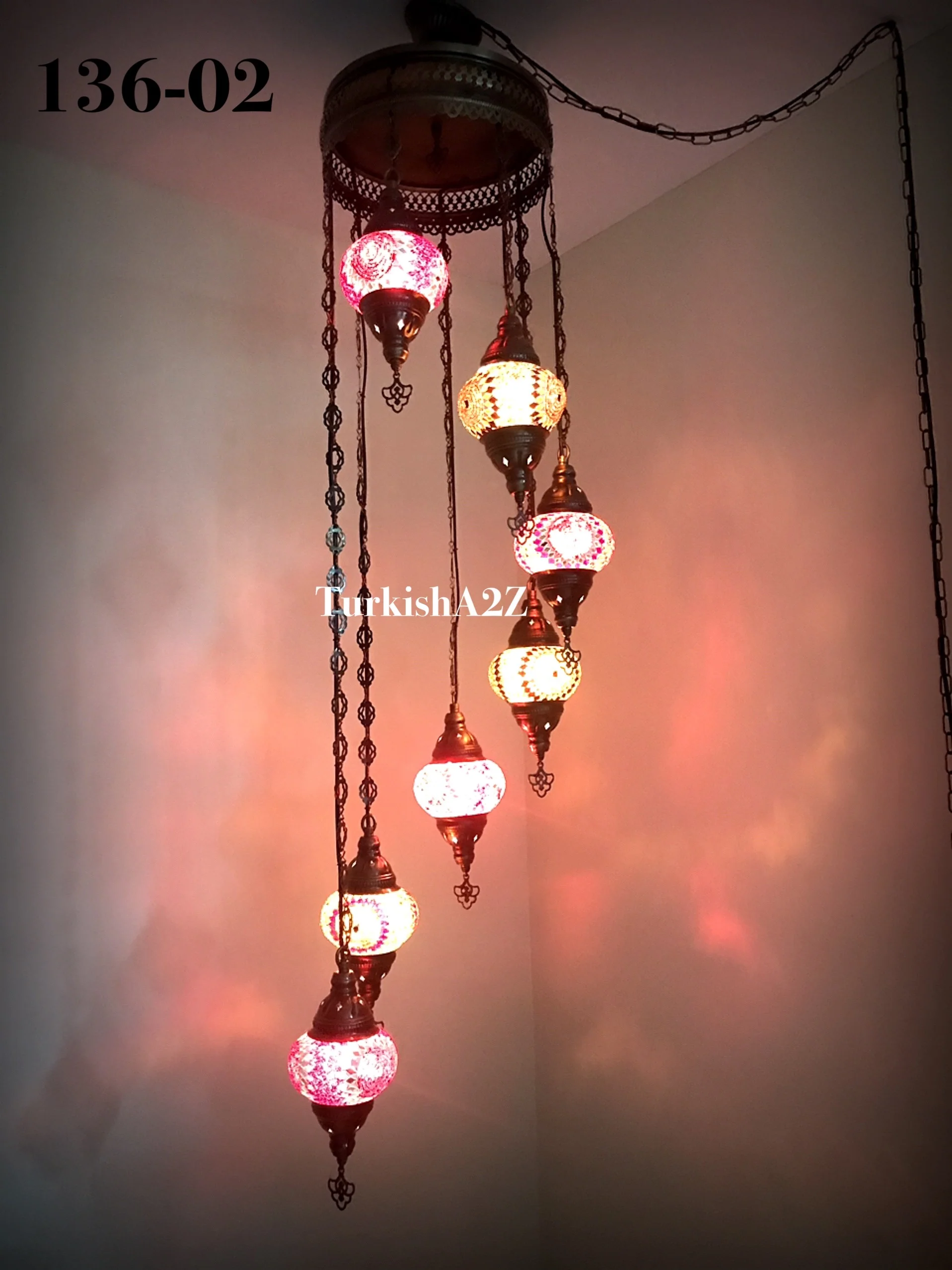 Turkish Mosaic Chandelier with 7 Medium - BALL(Swag Cable Option),ID: 136 - Image 2