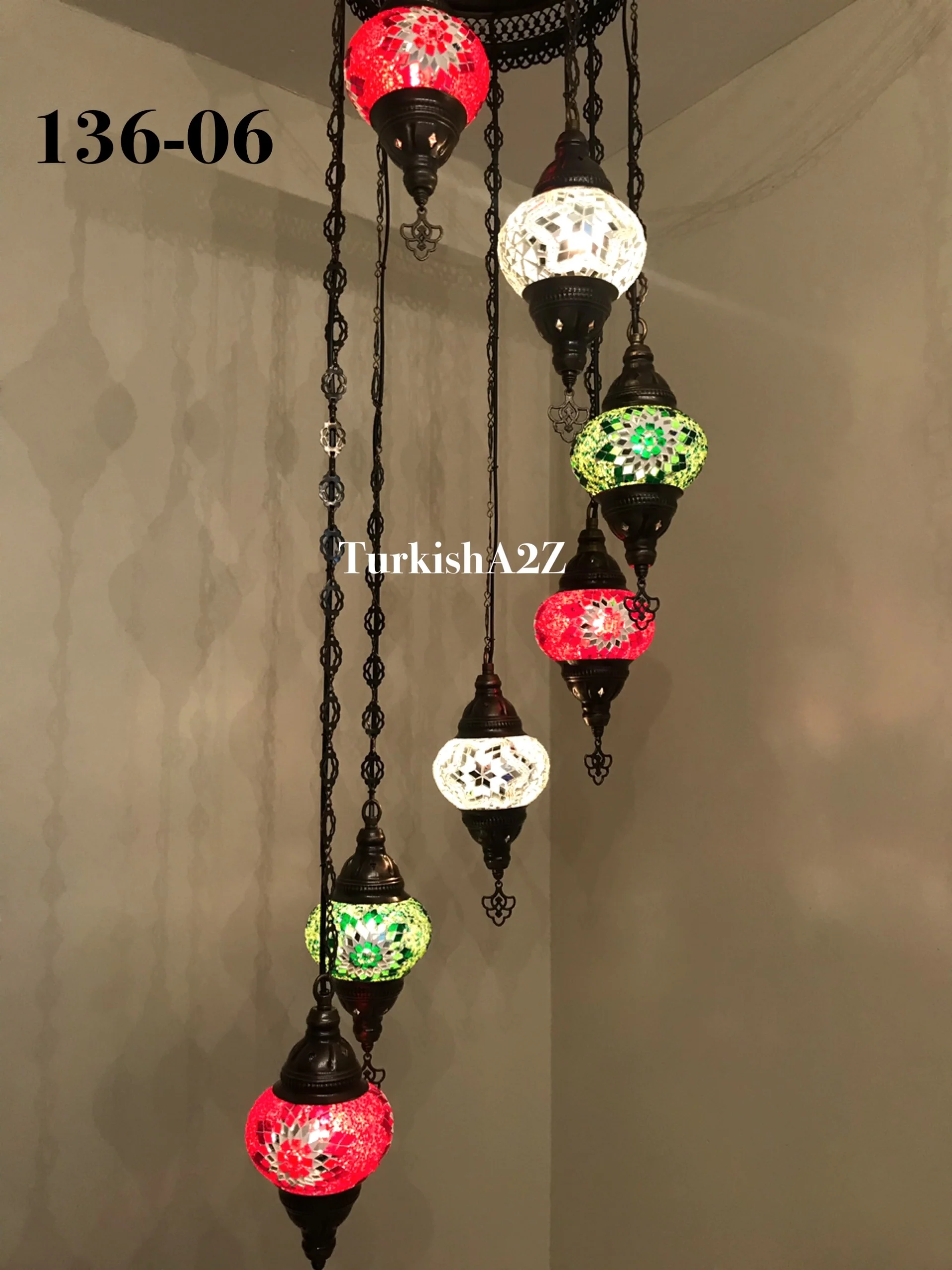 Turkish Mosaic Chandelier with 7 Medium - BALL , Swag Cable Option(Christmas colours) ,ID: 136