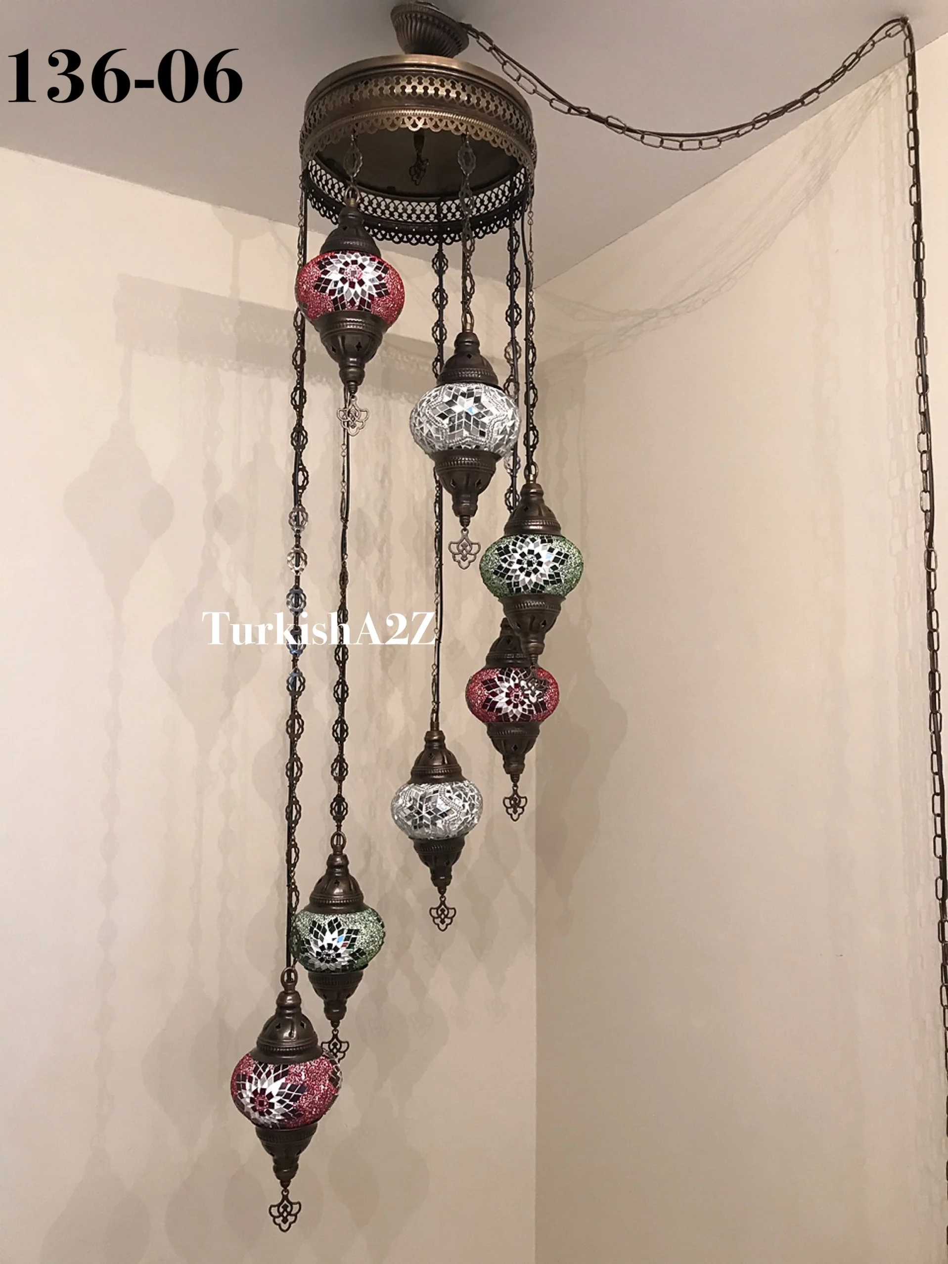 Turkish Mosaic Chandelier with 7 Medium - BALL , Swag Cable Option(Christmas colours) ,ID: 136 - Image 2