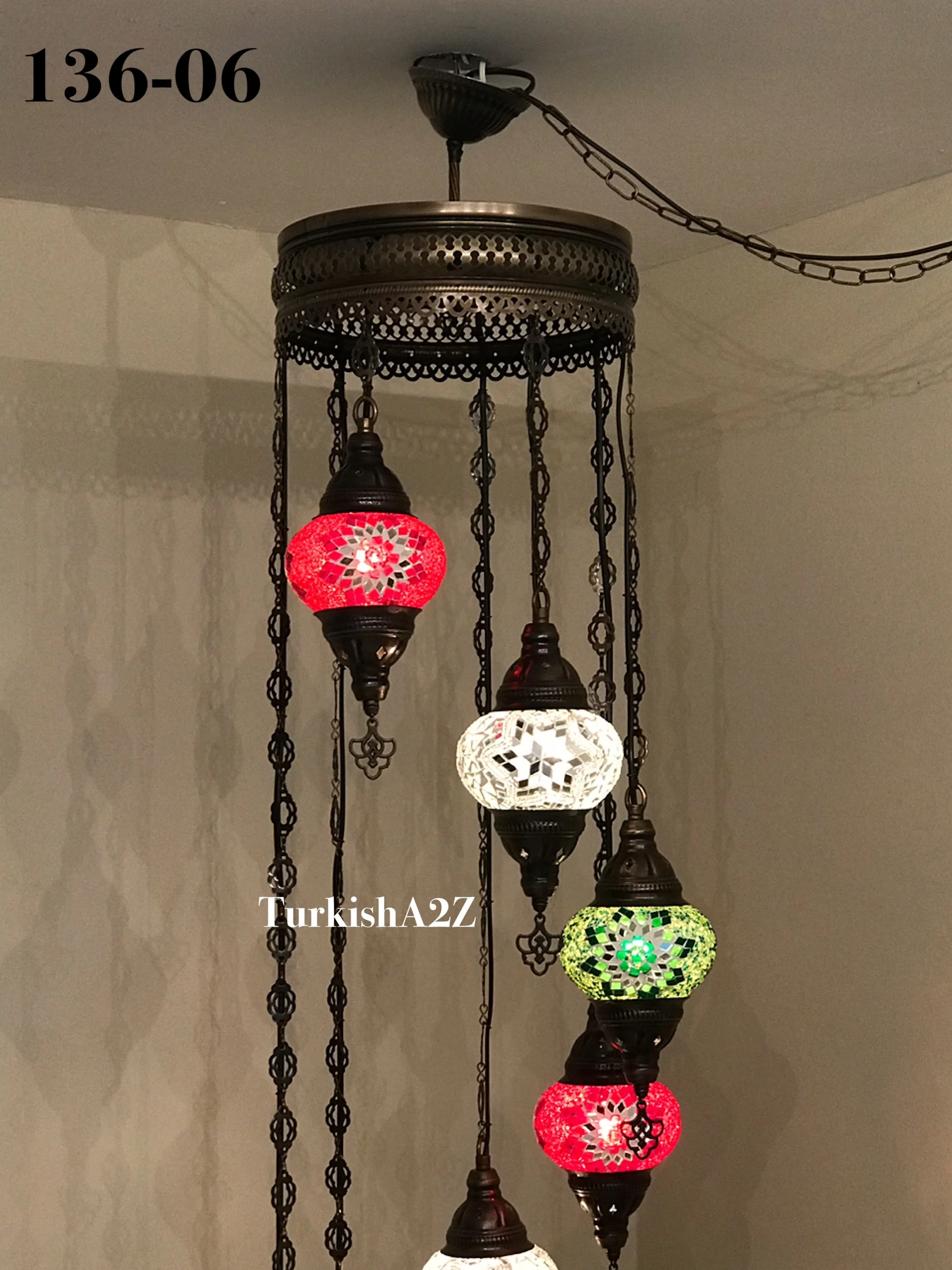 Turkish Mosaic Chandelier with 7 Medium - BALL , Swag Cable Option(Christmas colours) ,ID: 136 - Image 3