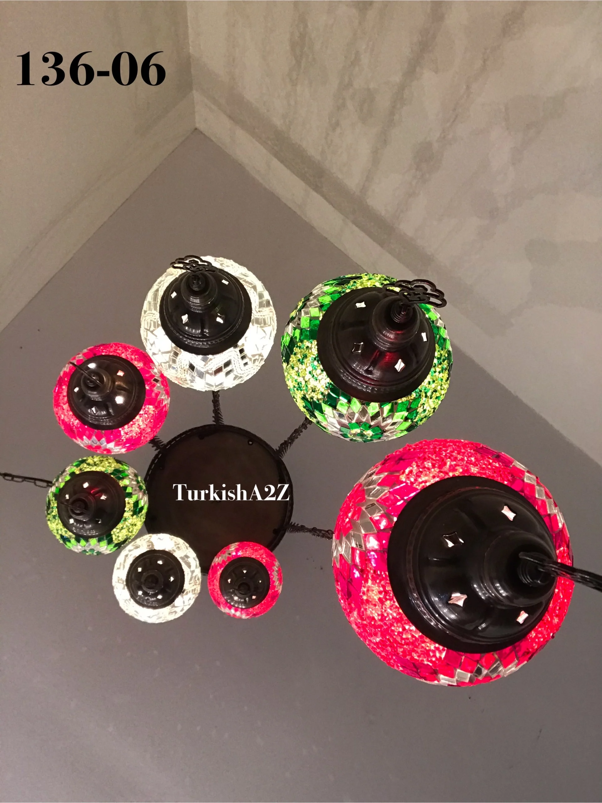 Turkish Mosaic Chandelier with 7 Medium - BALL , Swag Cable Option(Christmas colours) ,ID: 136 - Image 4
