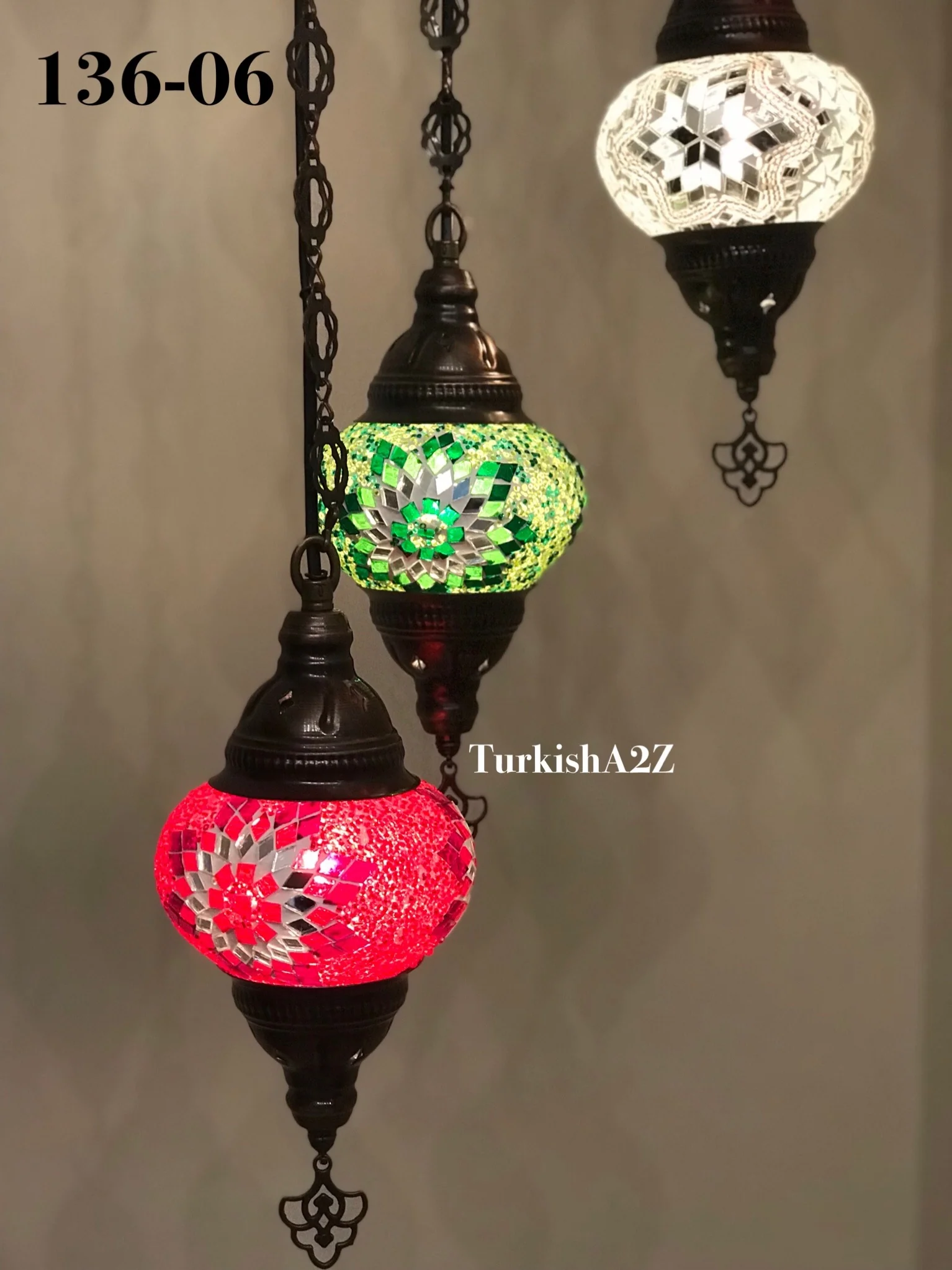 Turkish Mosaic Chandelier with 7 Medium - BALL , Swag Cable Option(Christmas colours) ,ID: 136 - Image 5