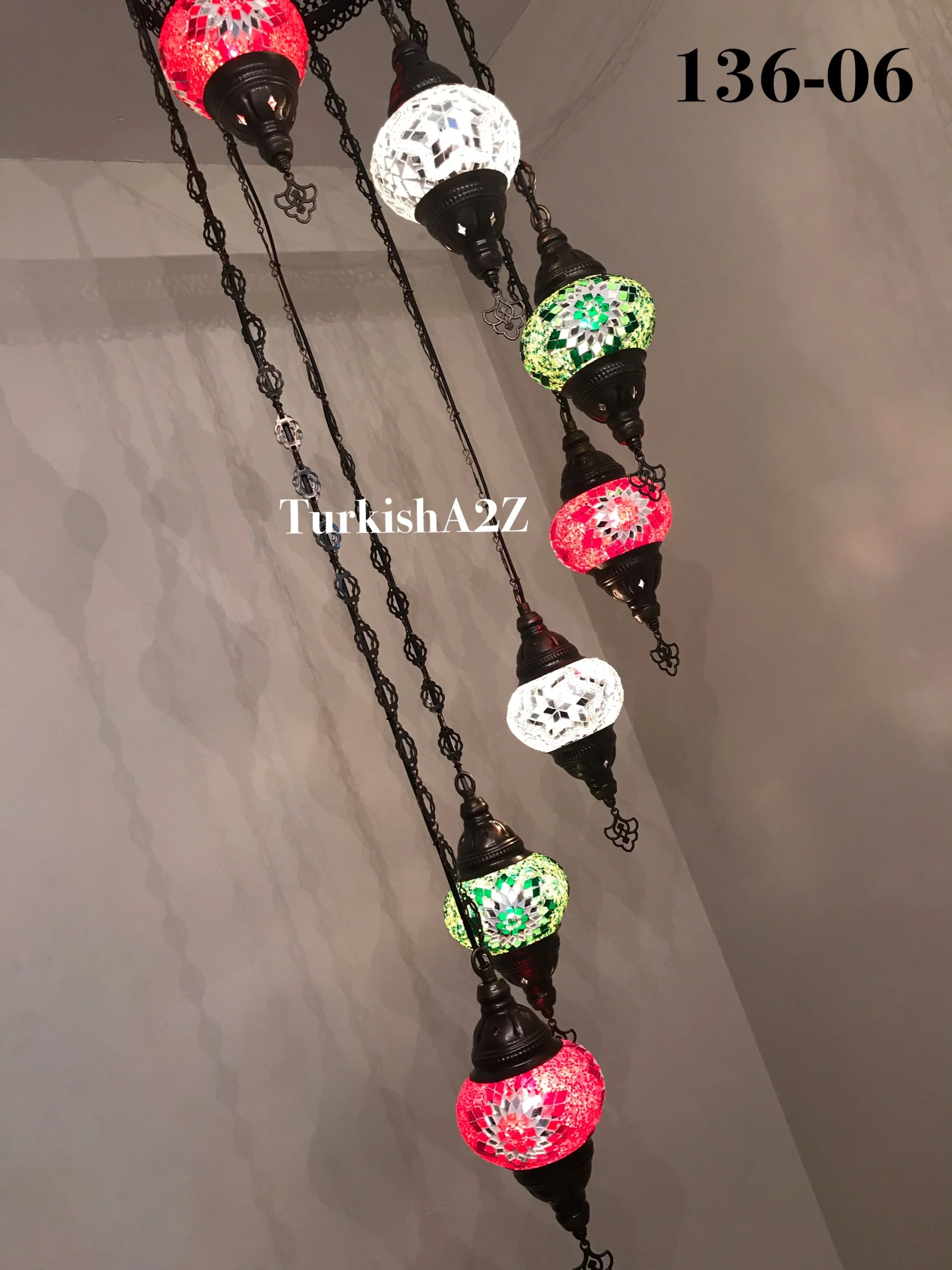 Turkish Mosaic Chandelier with 7 Medium - BALL , Swag Cable Option(Christmas colours) ,ID: 136 - Image 6