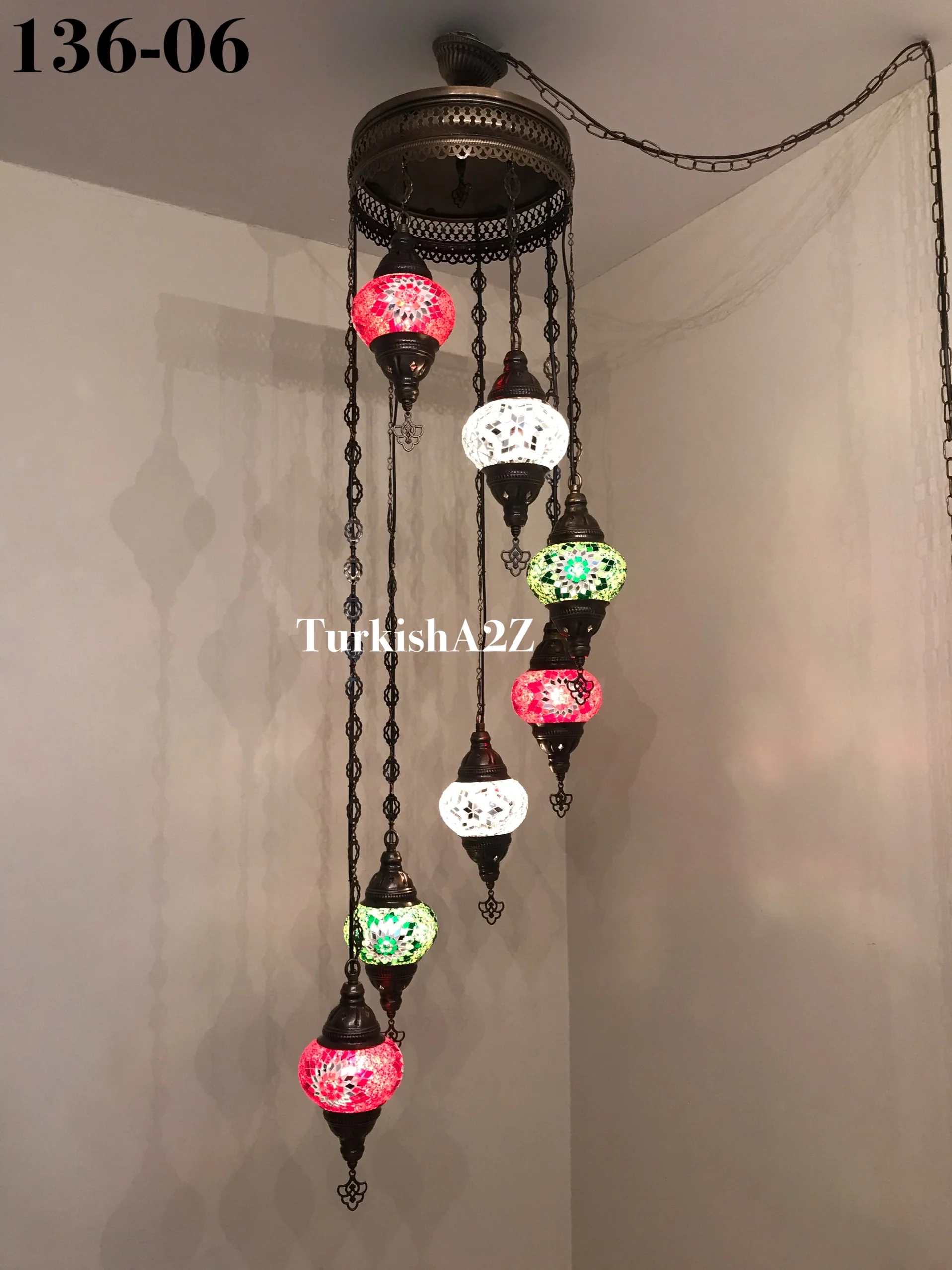 Turkish Mosaic Chandelier with 7 Medium - BALL , Swag Cable Option(Christmas colours) ,ID: 136 - Image 7