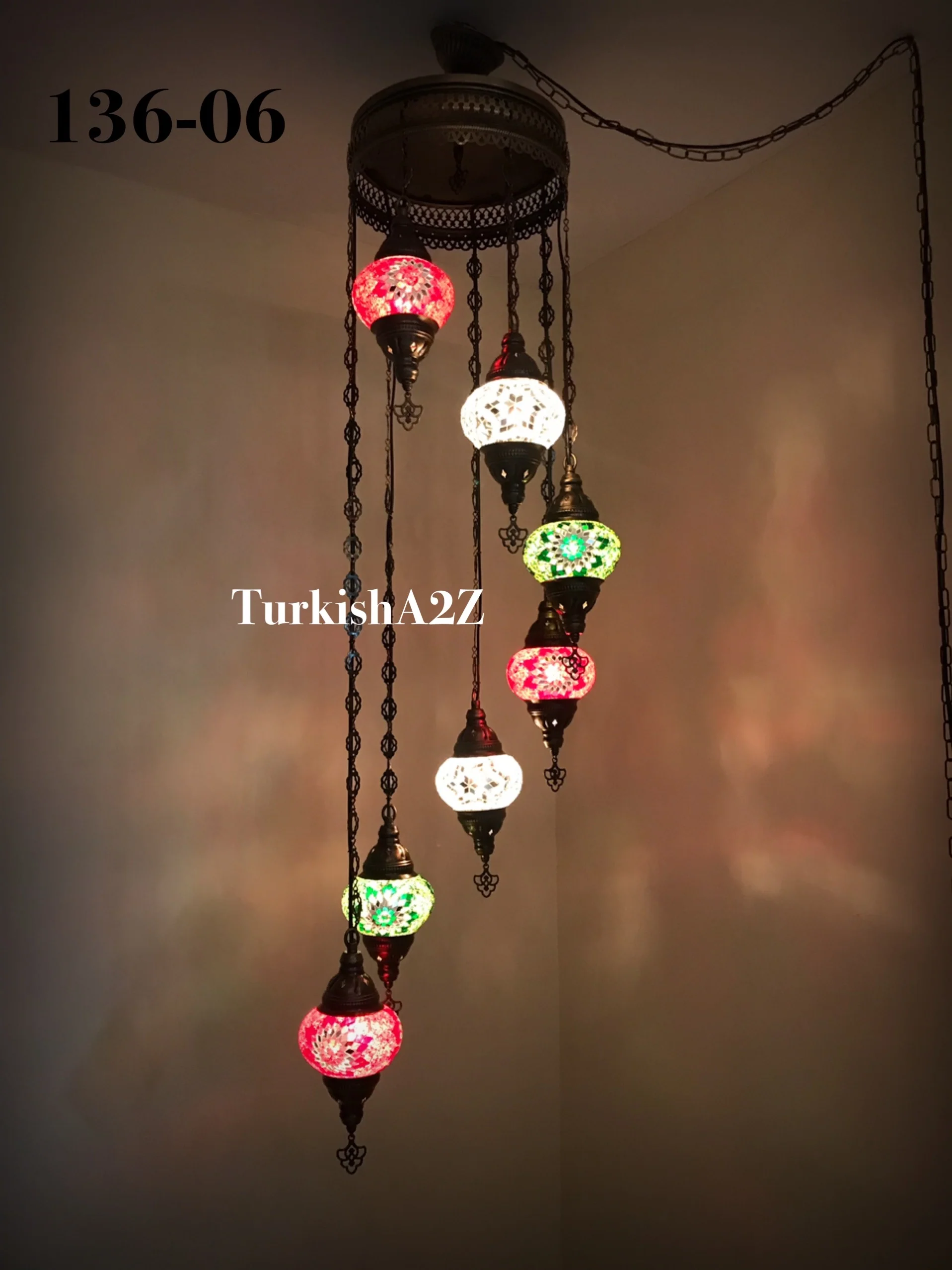 Turkish Mosaic Chandelier with 7 Medium - BALL , Swag Cable Option(Christmas colours) ,ID: 136 - Image 8