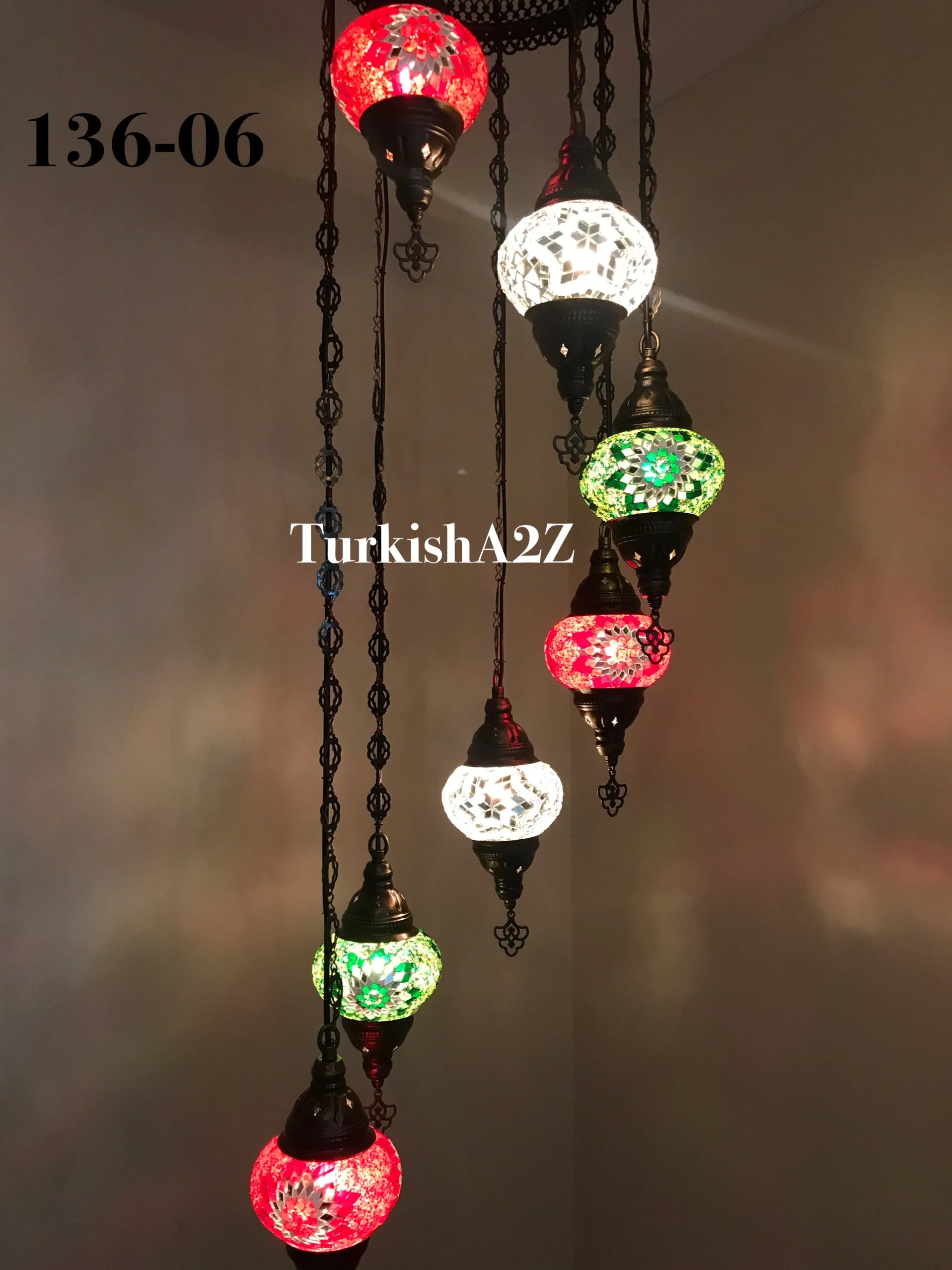 Turkish Mosaic Chandelier with 7 Medium - BALL , Swag Cable Option(Christmas colours) ,ID: 136 - Image 9