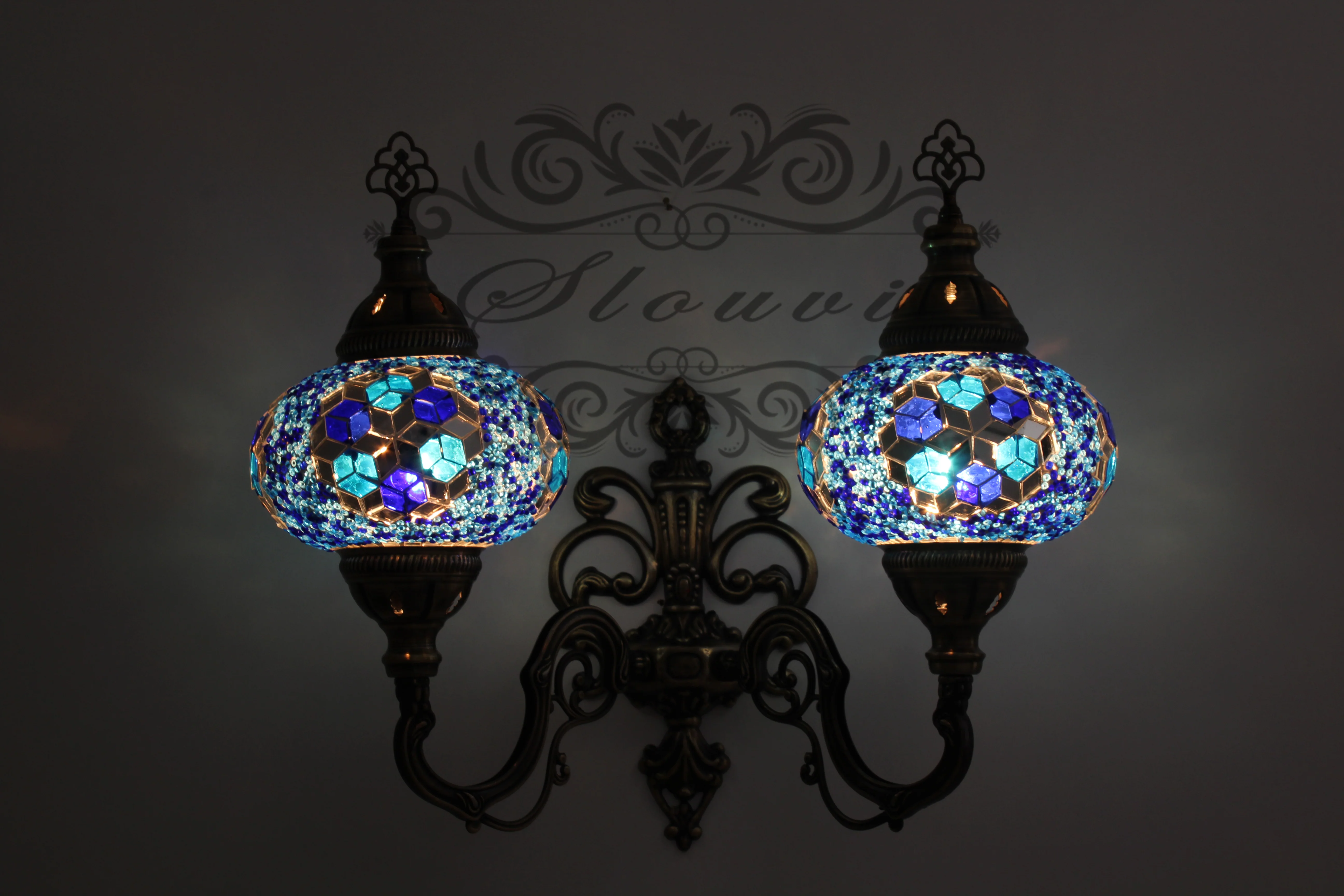Turkish Mosaic Double Wall Sconce, With Large Globes, Upward