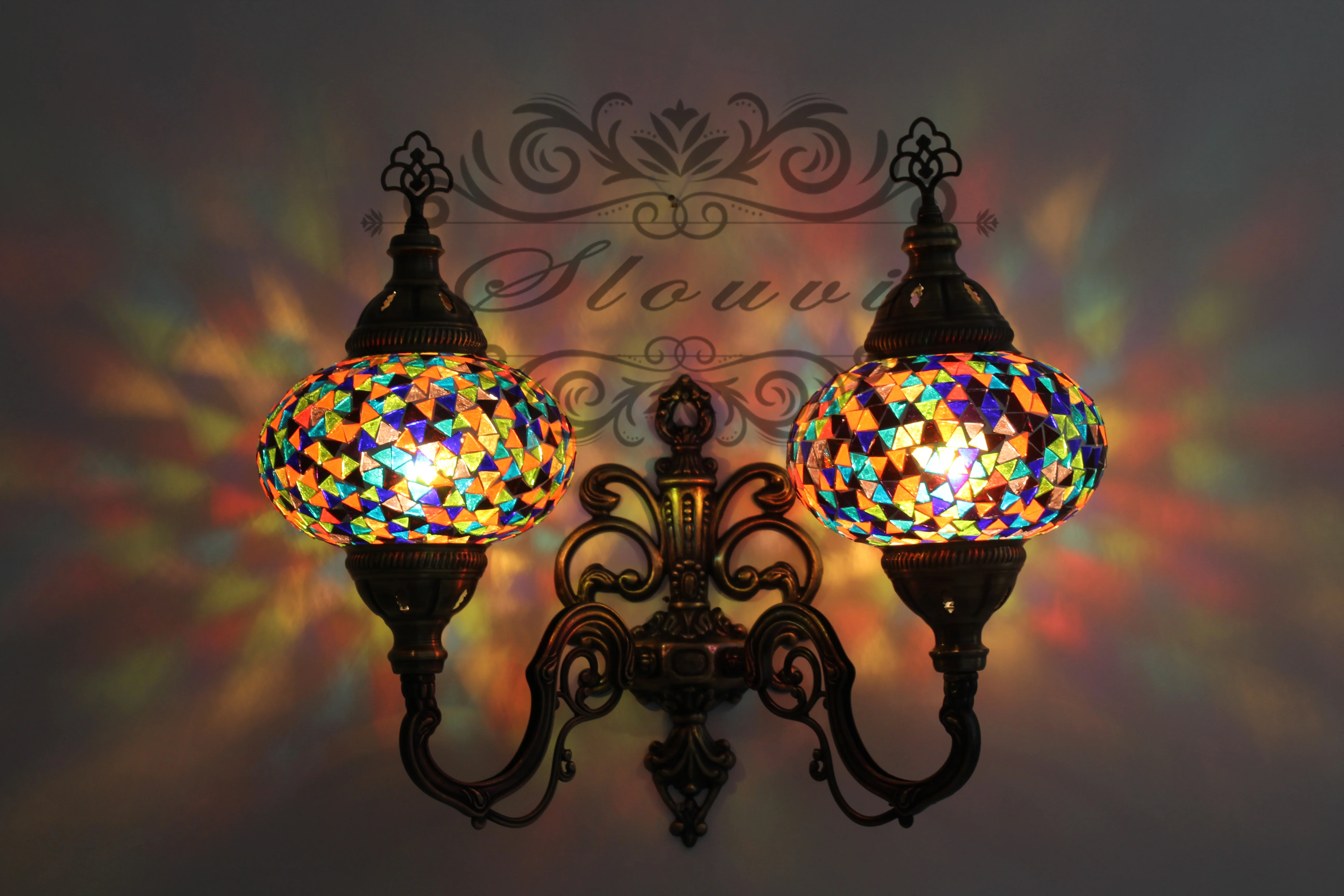 Turkish Mosaic Double Wall Sconce, With Large Globes, Upward