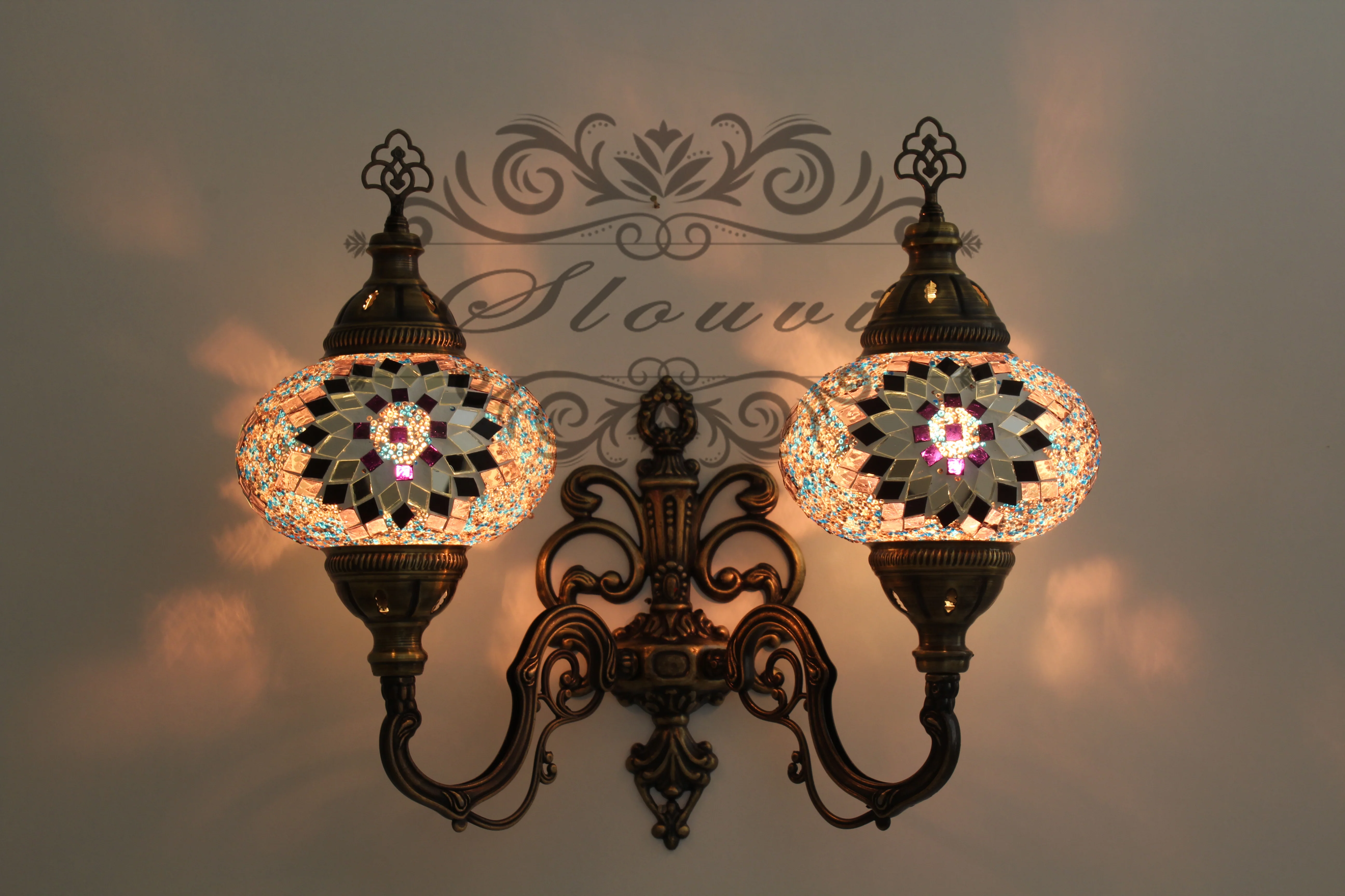 Turkish Mosaic Double Wall Sconce, With Large Globes, Upward