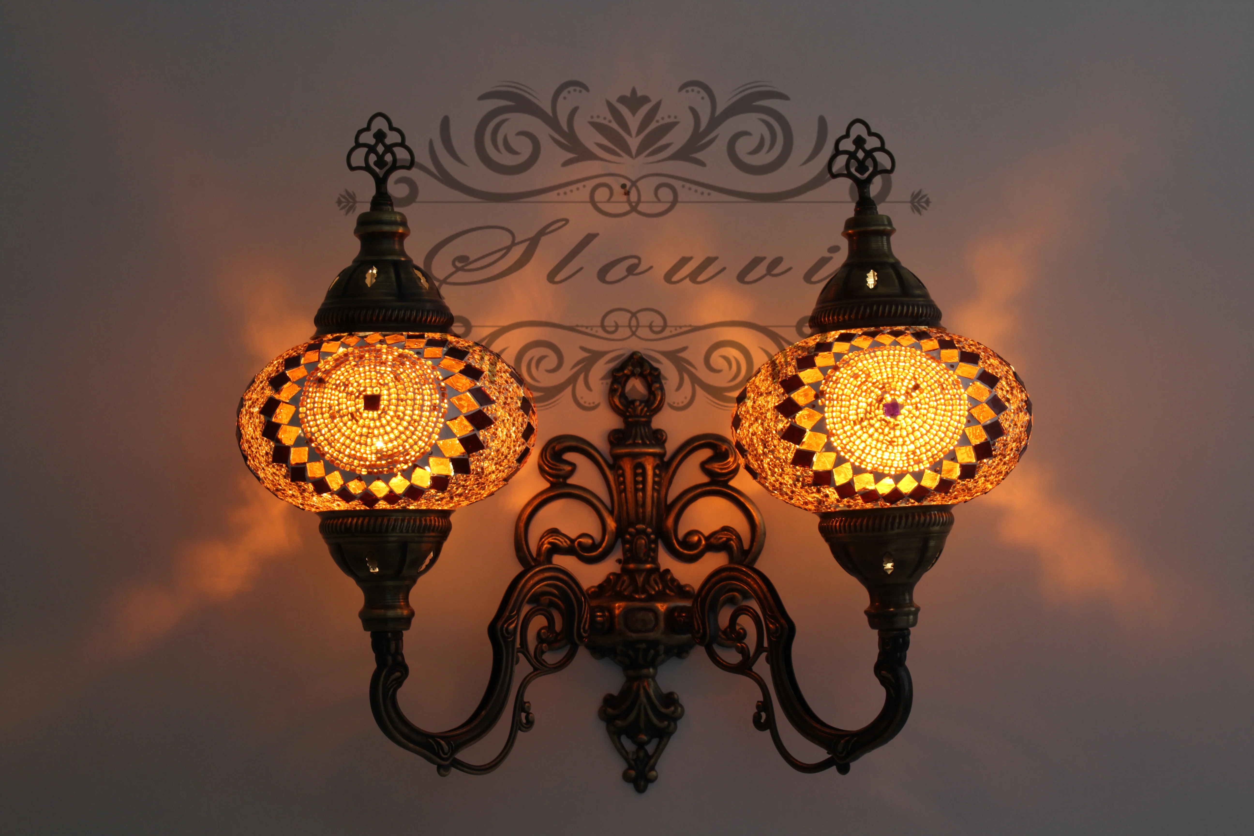 Turkish Mosaic Double Wall Sconce, With Large Globes, Upward