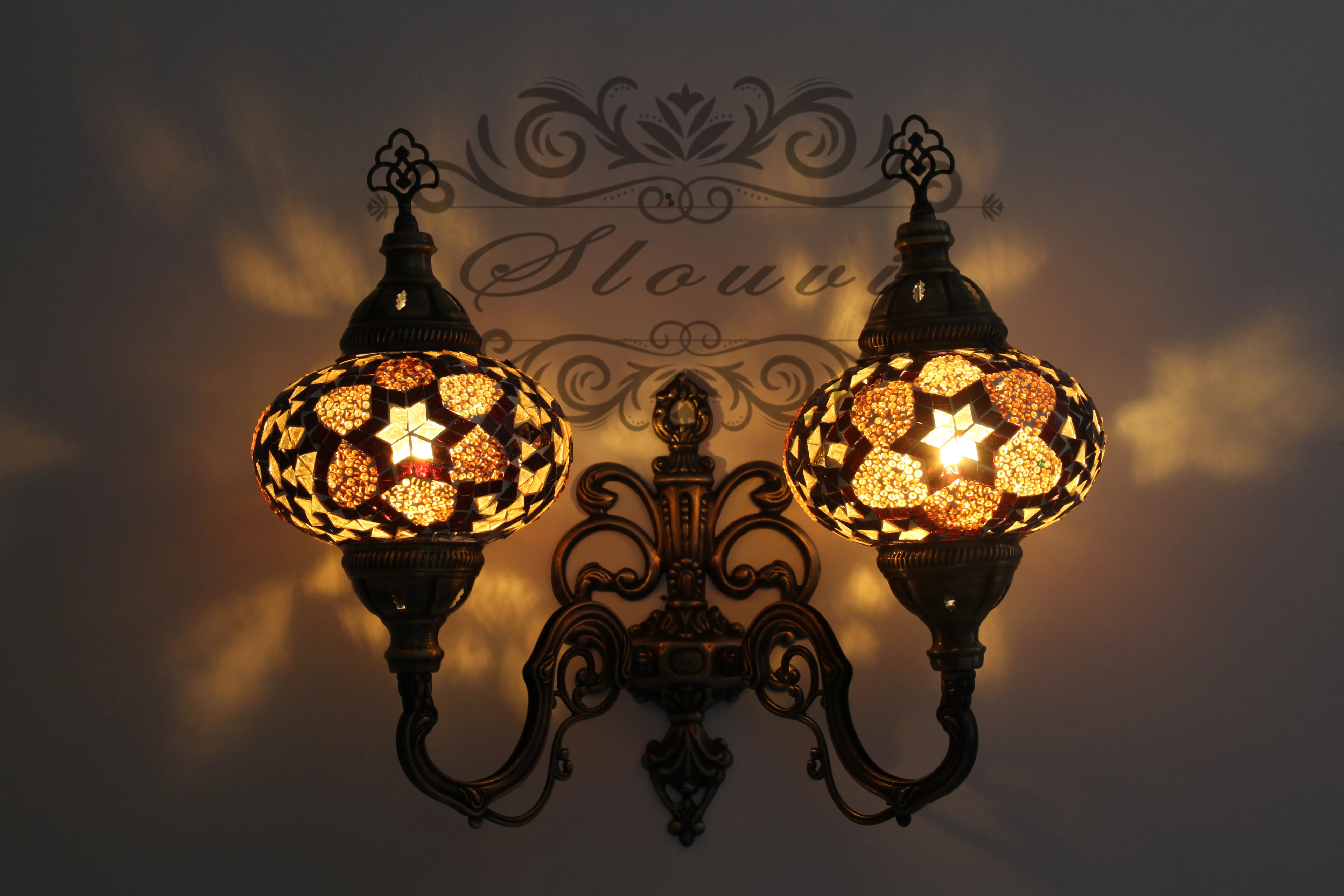 Turkish Mosaic Double Wall Sconce, With Large Globes, Upward