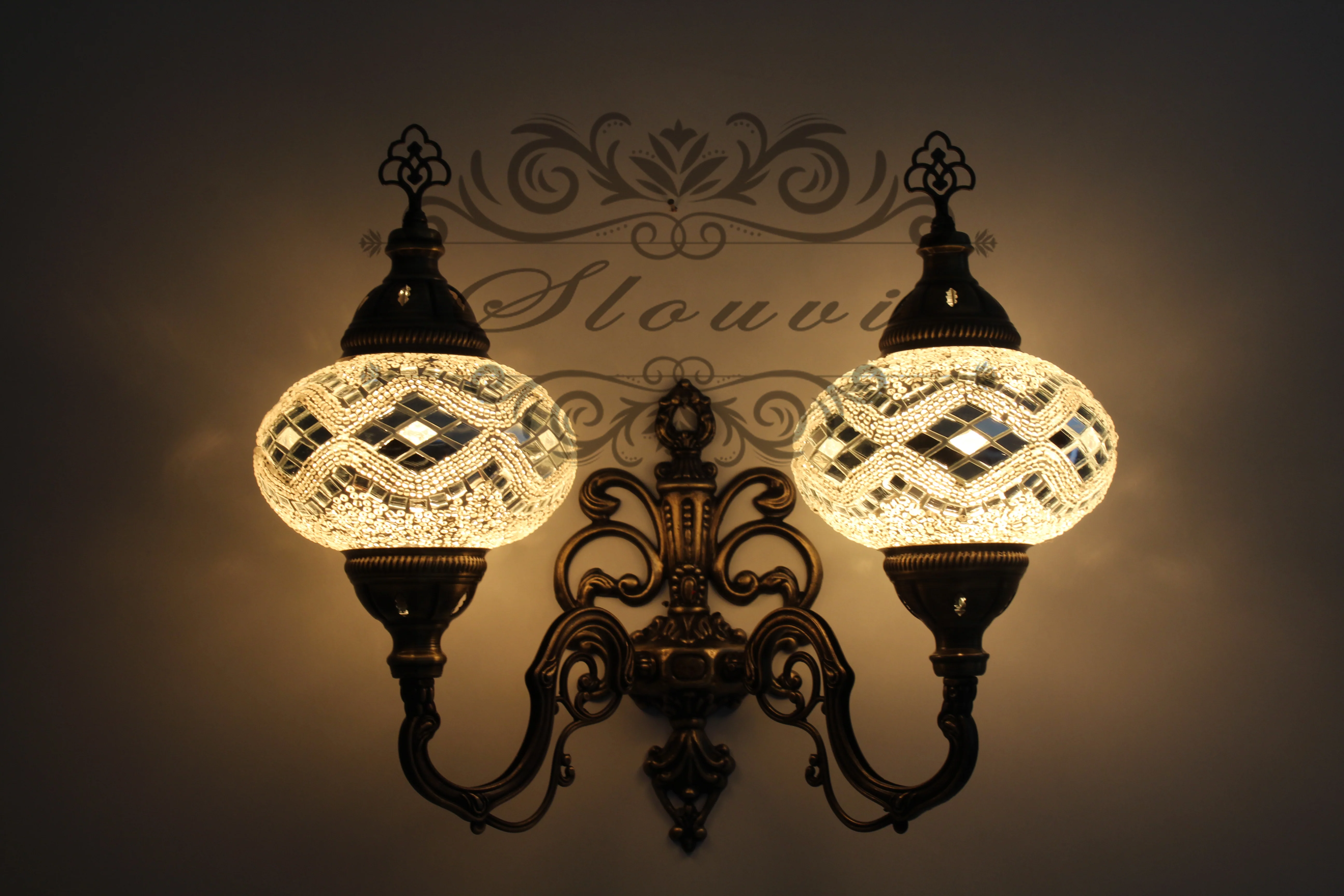 Turkish Mosaic Double Wall Sconce, With Large Globes, Upward