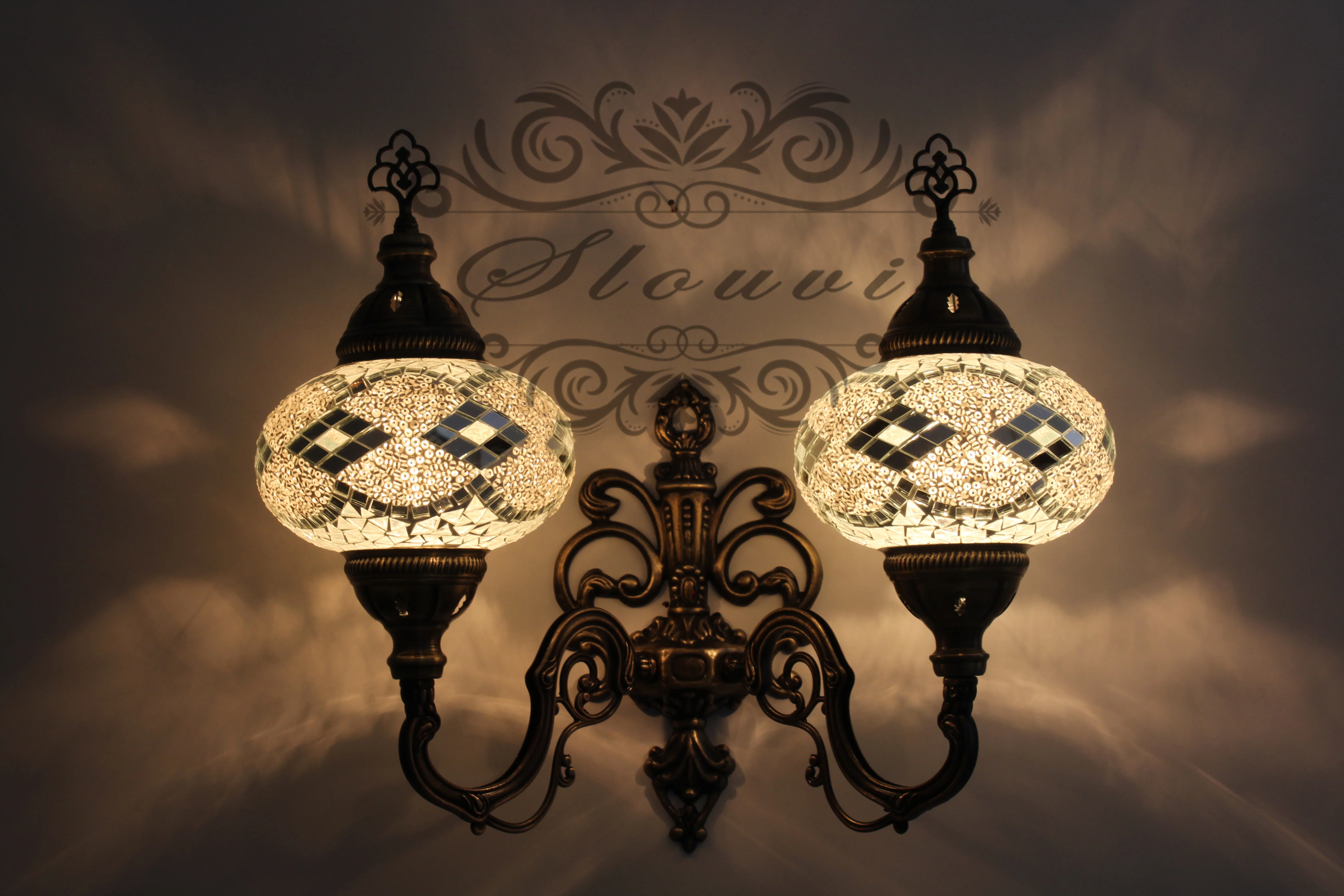 Turkish Mosaic Double Wall Sconce, With Large Globes, Upward
