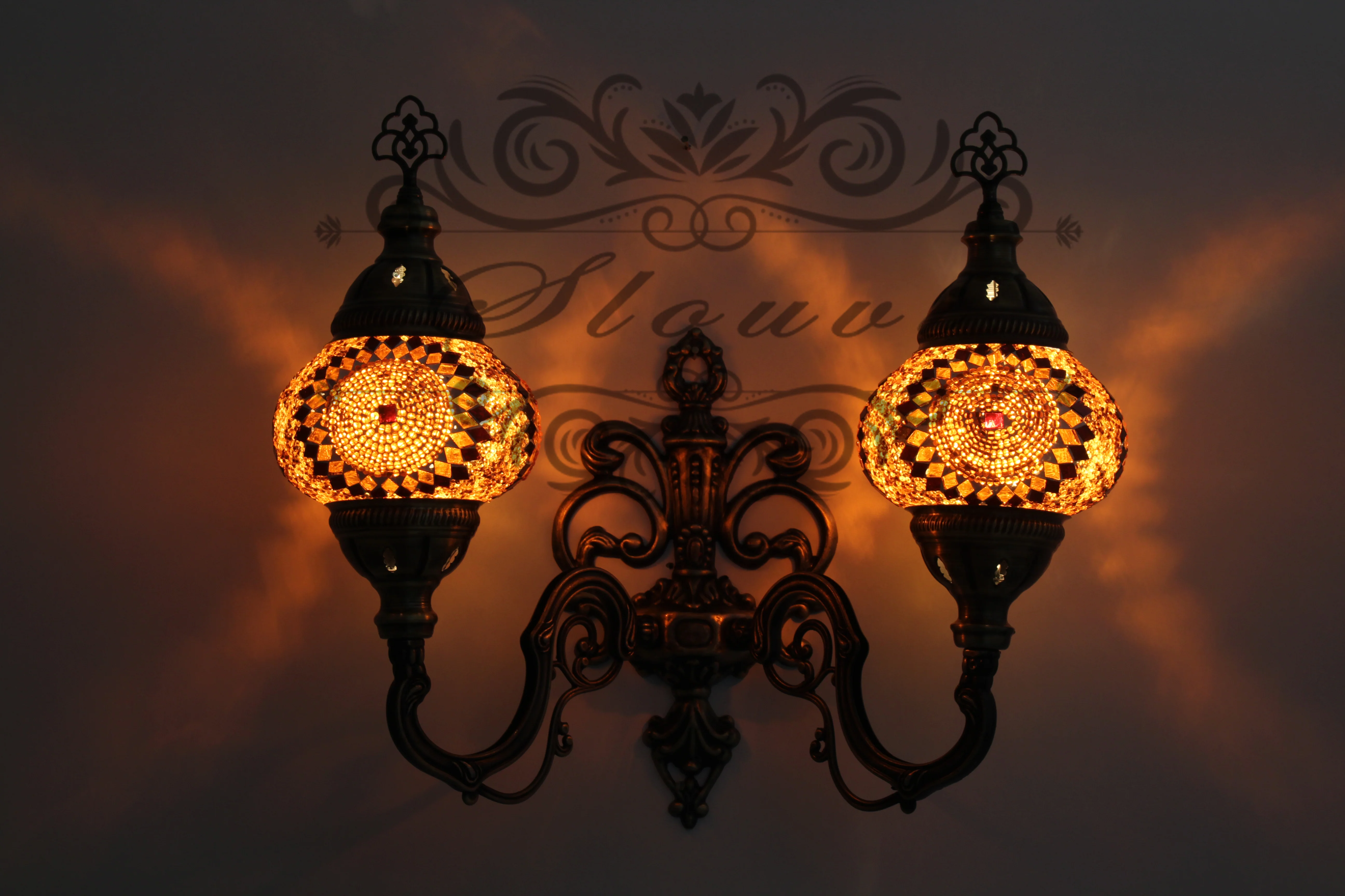 Turkish Mosaic Double Wall Sconce, With Medium Globes, Upward