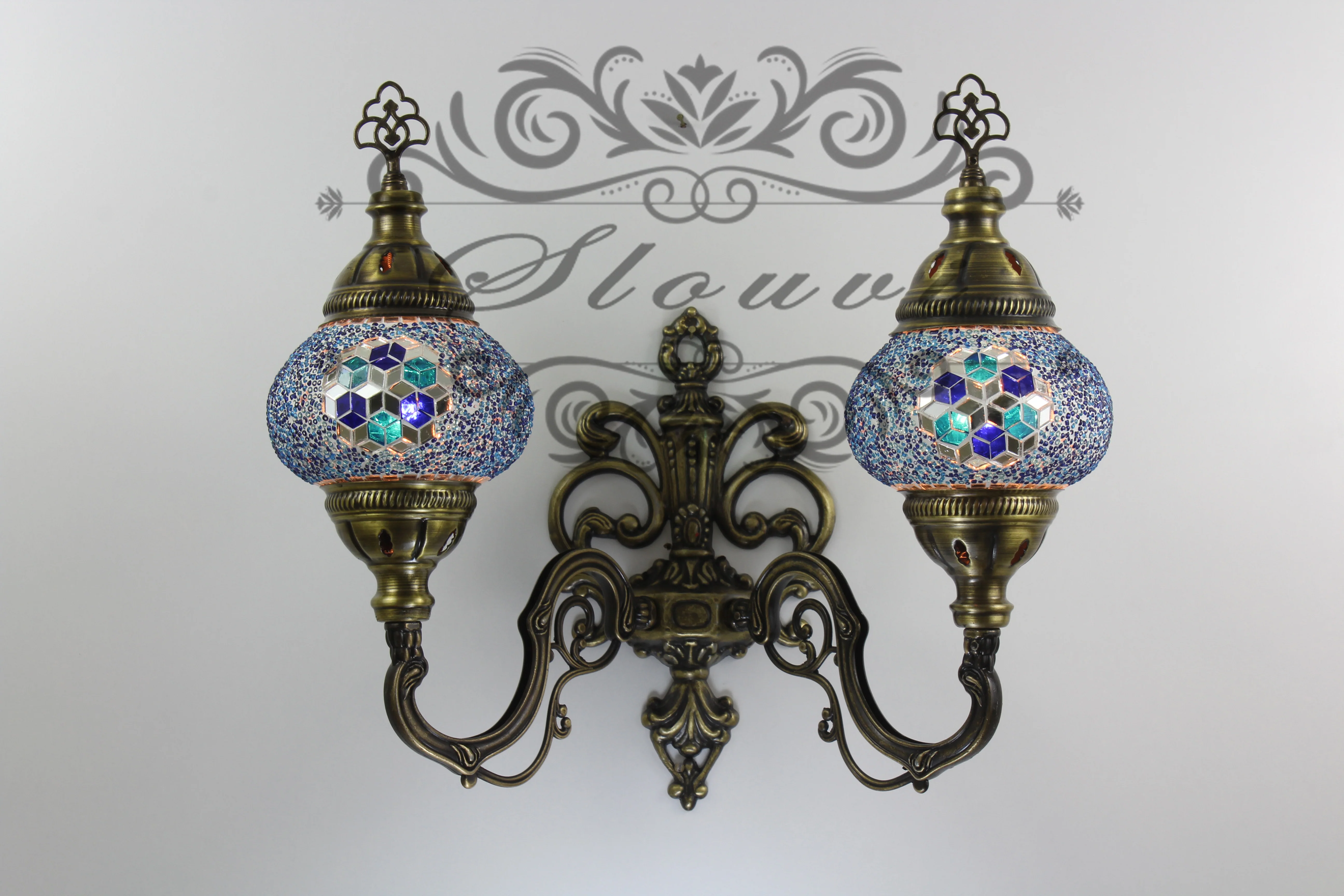 Turkish Mosaic Double Wall Sconce, With Medium Globes, Upward - Image 2
