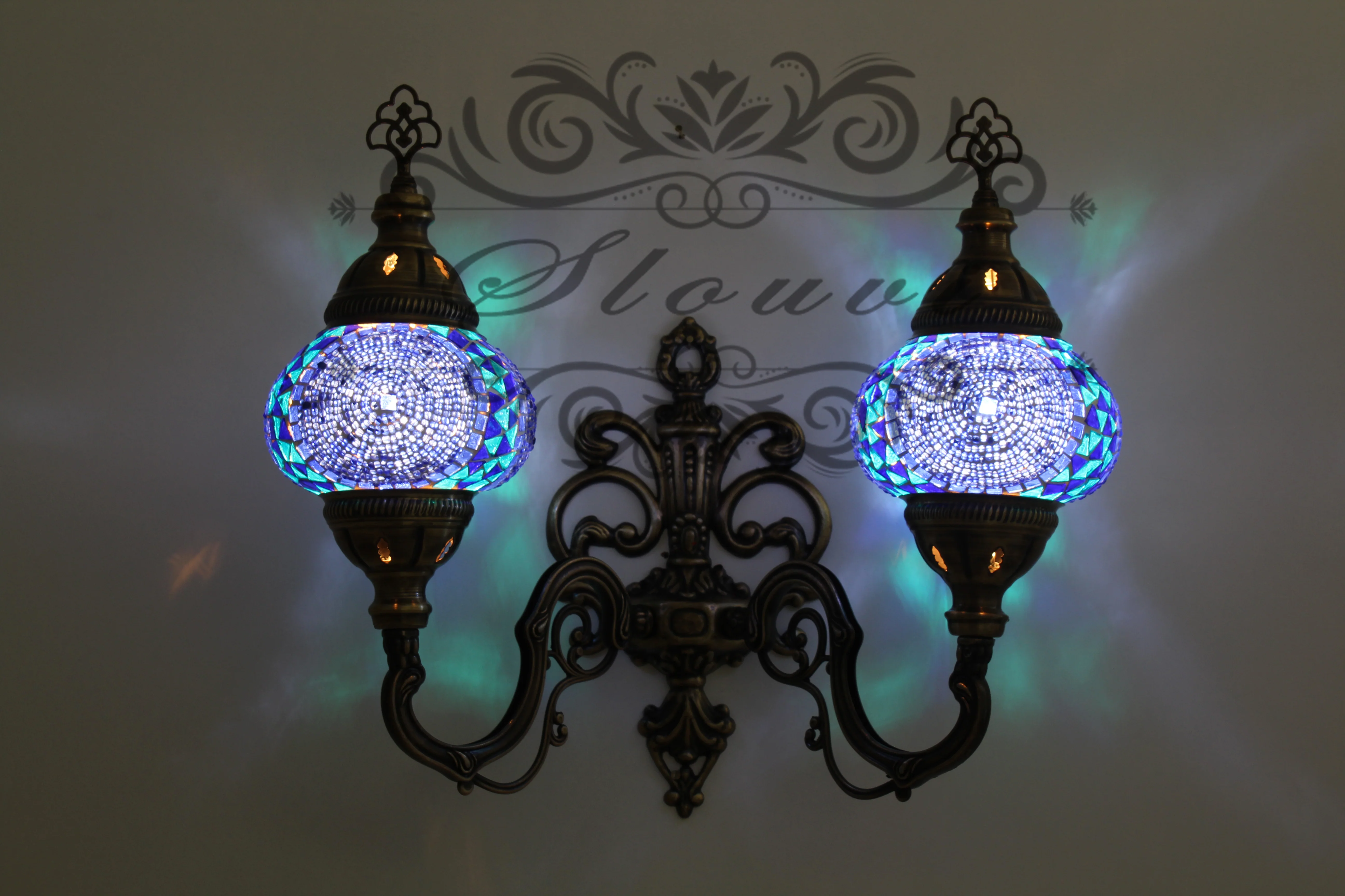 Turkish Mosaic Double Wall Sconce, With Medium Globes, Upward