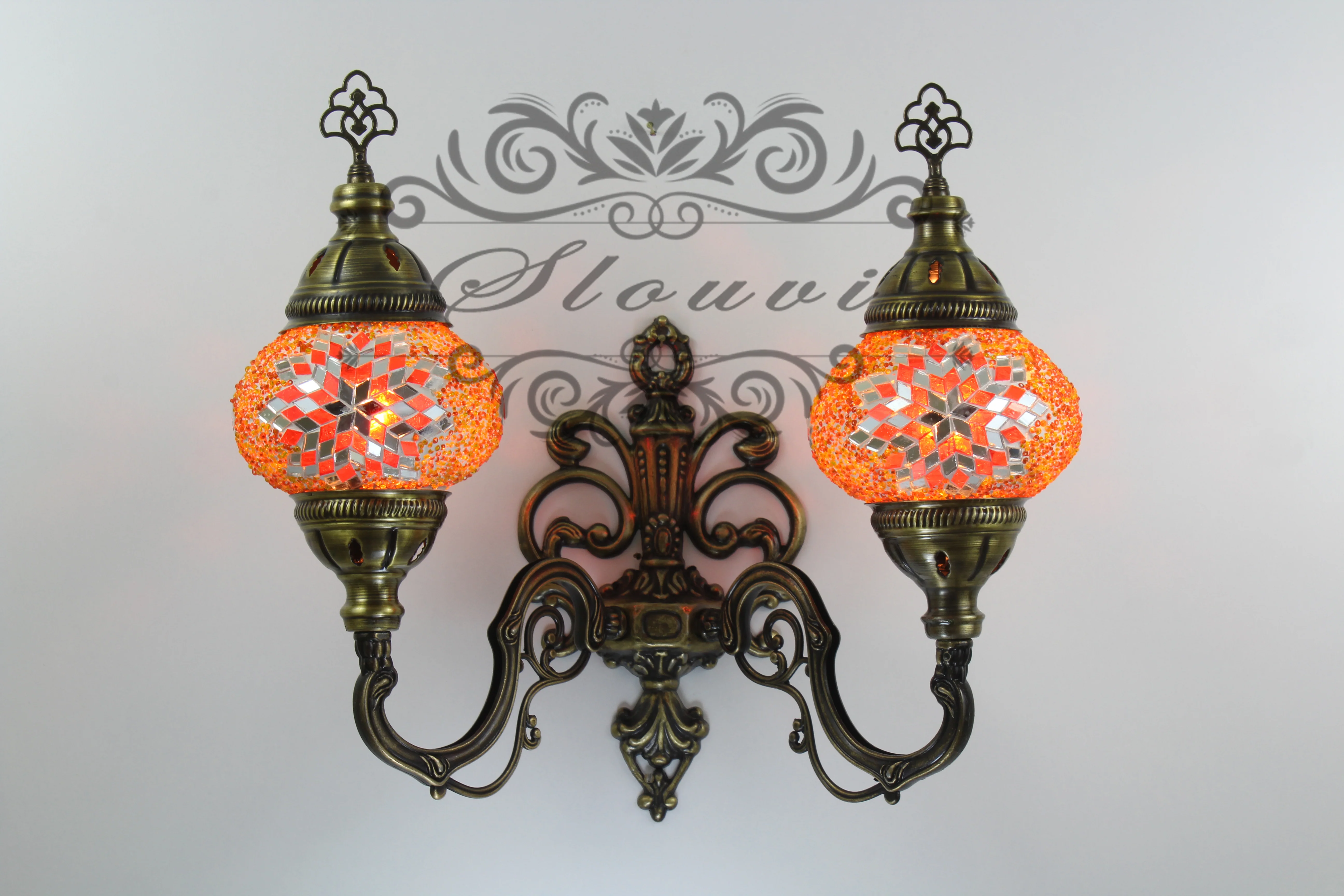 Turkish Mosaic Double Wall Sconce, With Medium Globes, Upward