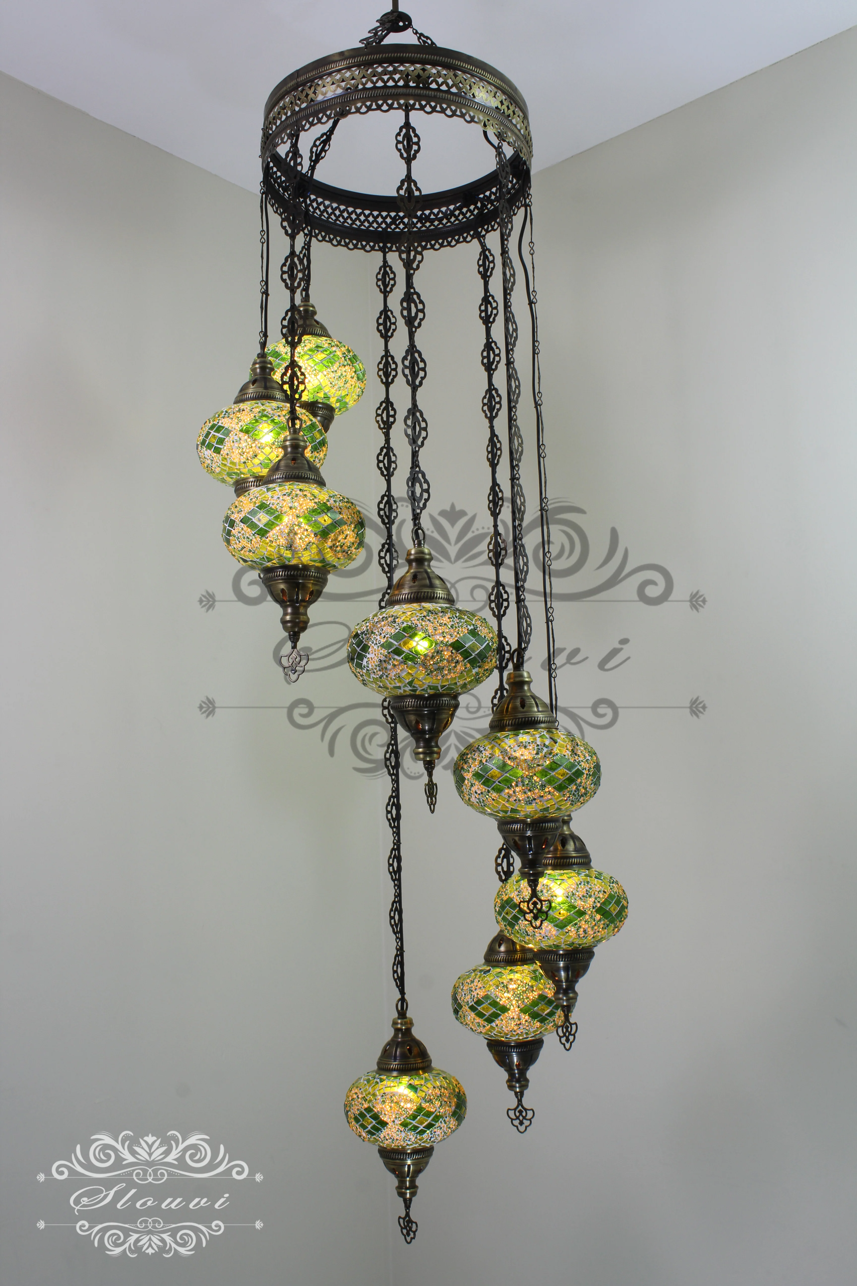 8 Ball Turkish Mosaic Chandelier - Water Drop Design with Large Globes, ID: 8HL-10 - Image 4