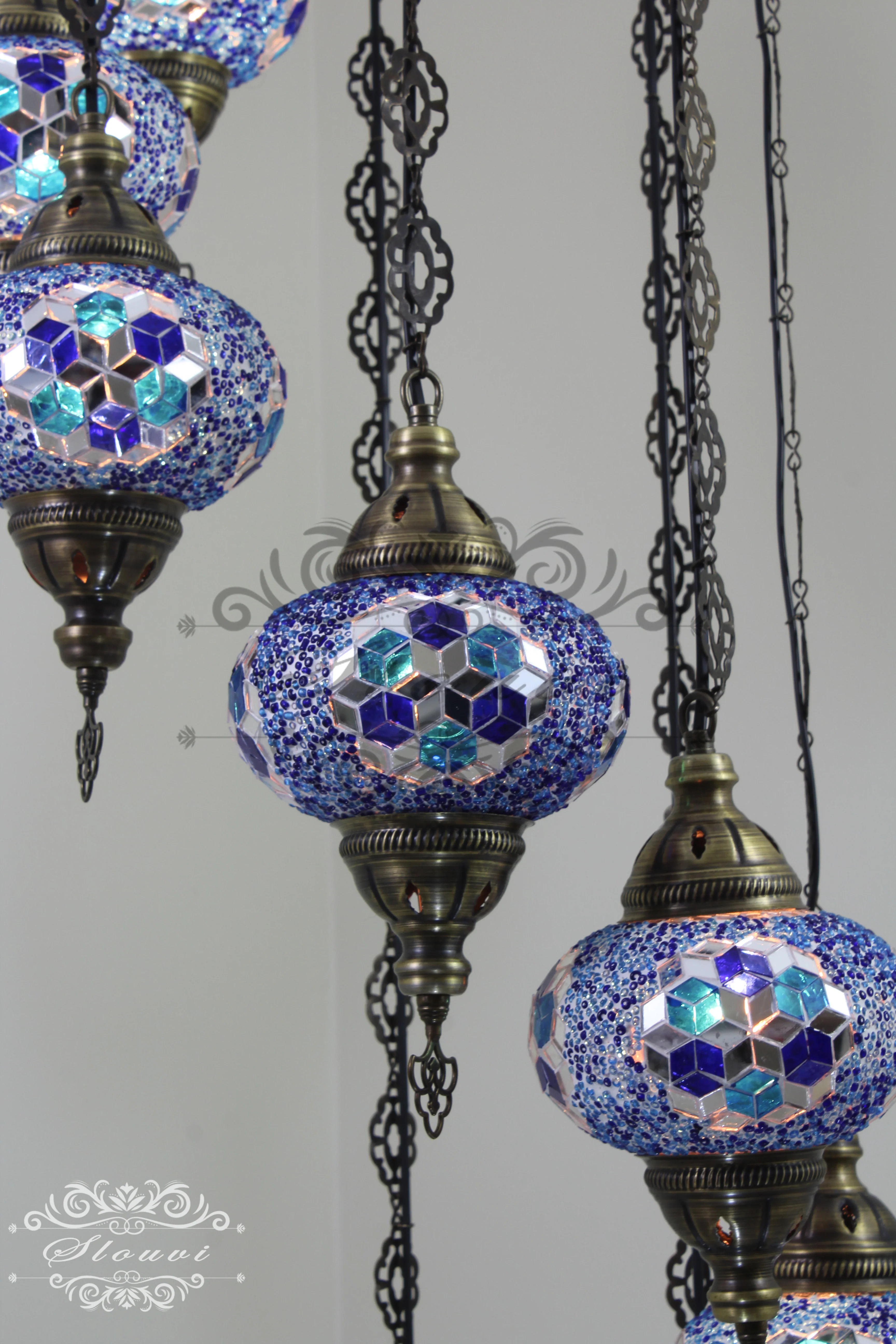 8 Ball Turkish Mosaic Chandelier - Water Drop Design with Large Globes, ID: 8HL-8 - Image 3