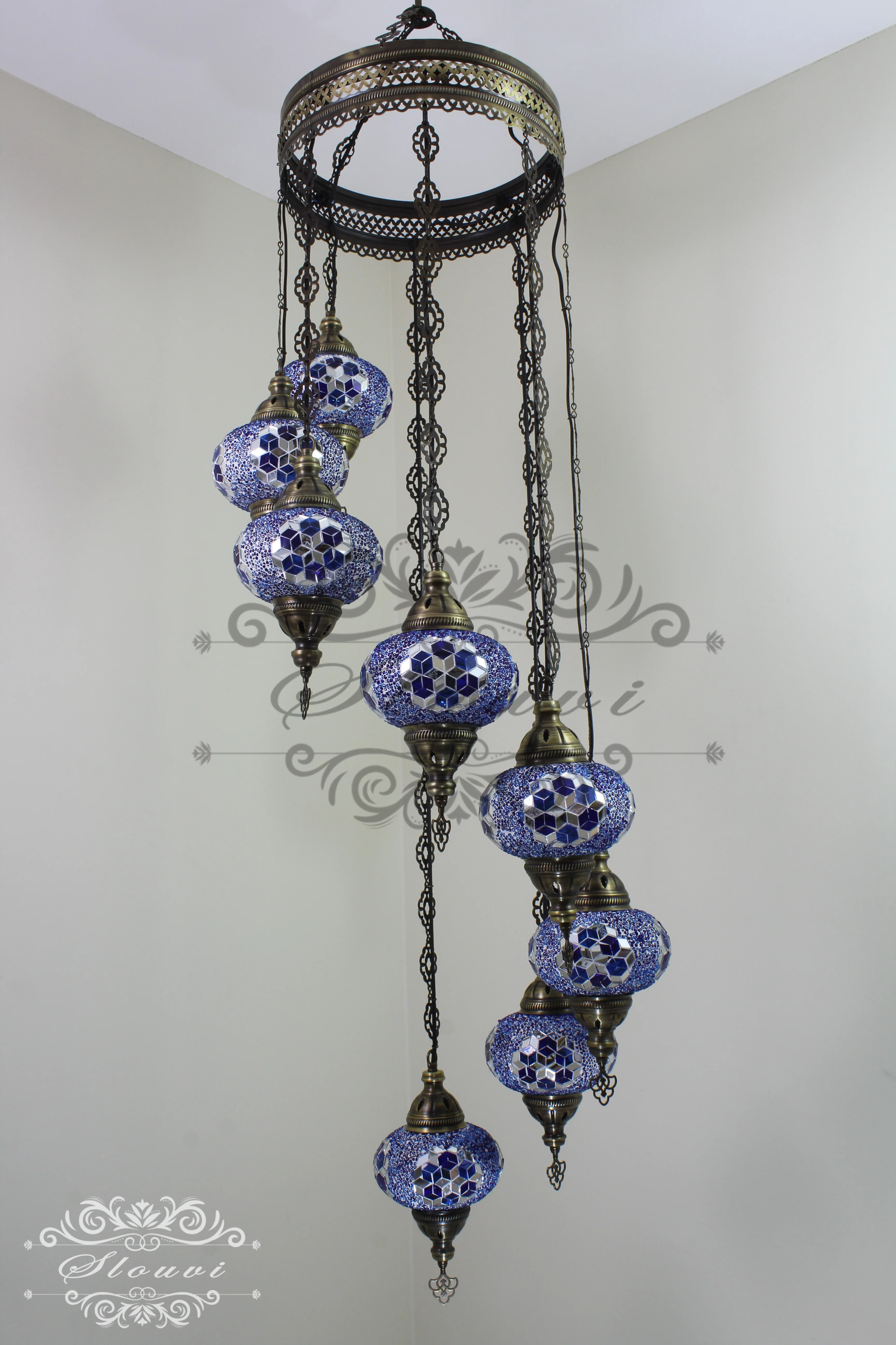 8 Ball Turkish Mosaic Chandelier - Water Drop Design with Large Globes, ID: 8HL-8 - Image 6