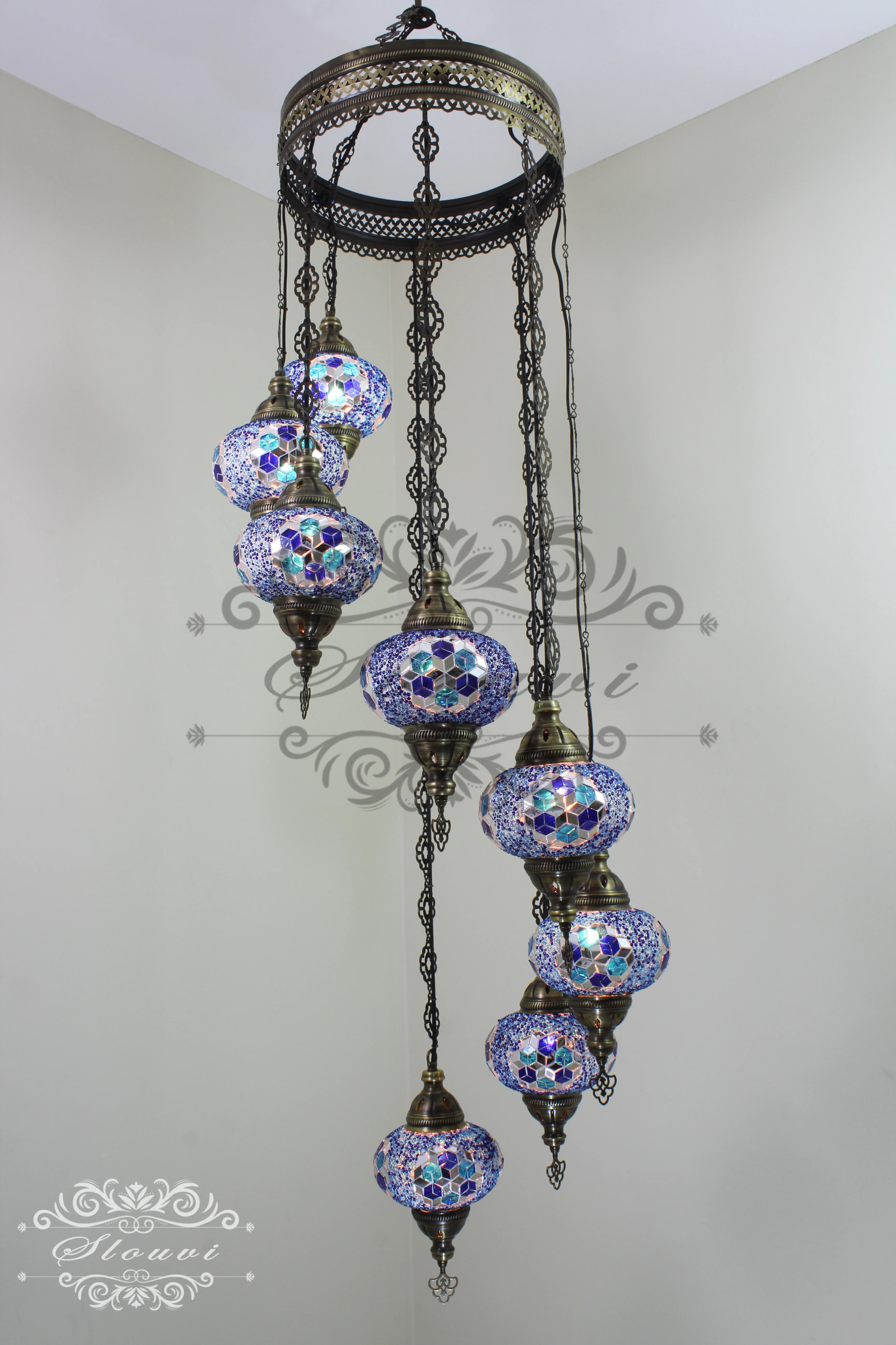 8 Ball Turkish Mosaic Chandelier - Water Drop Design with Large Globes, ID: 8HL-8 - Image 7