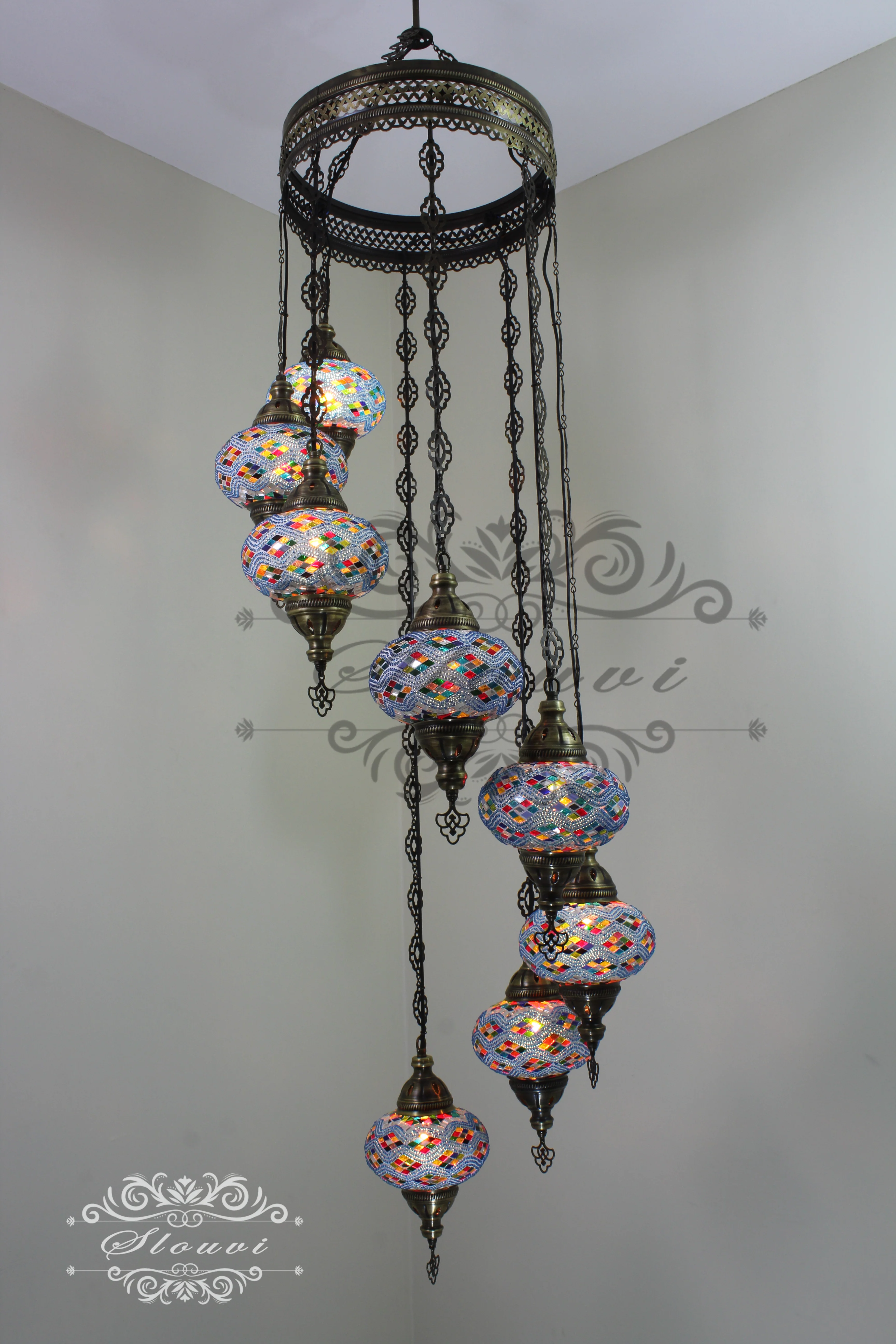 8 Ball Turkish Mosaic Chandelier - Water Drop Design with Large Globes, ID: 8HL-7 - Image 4