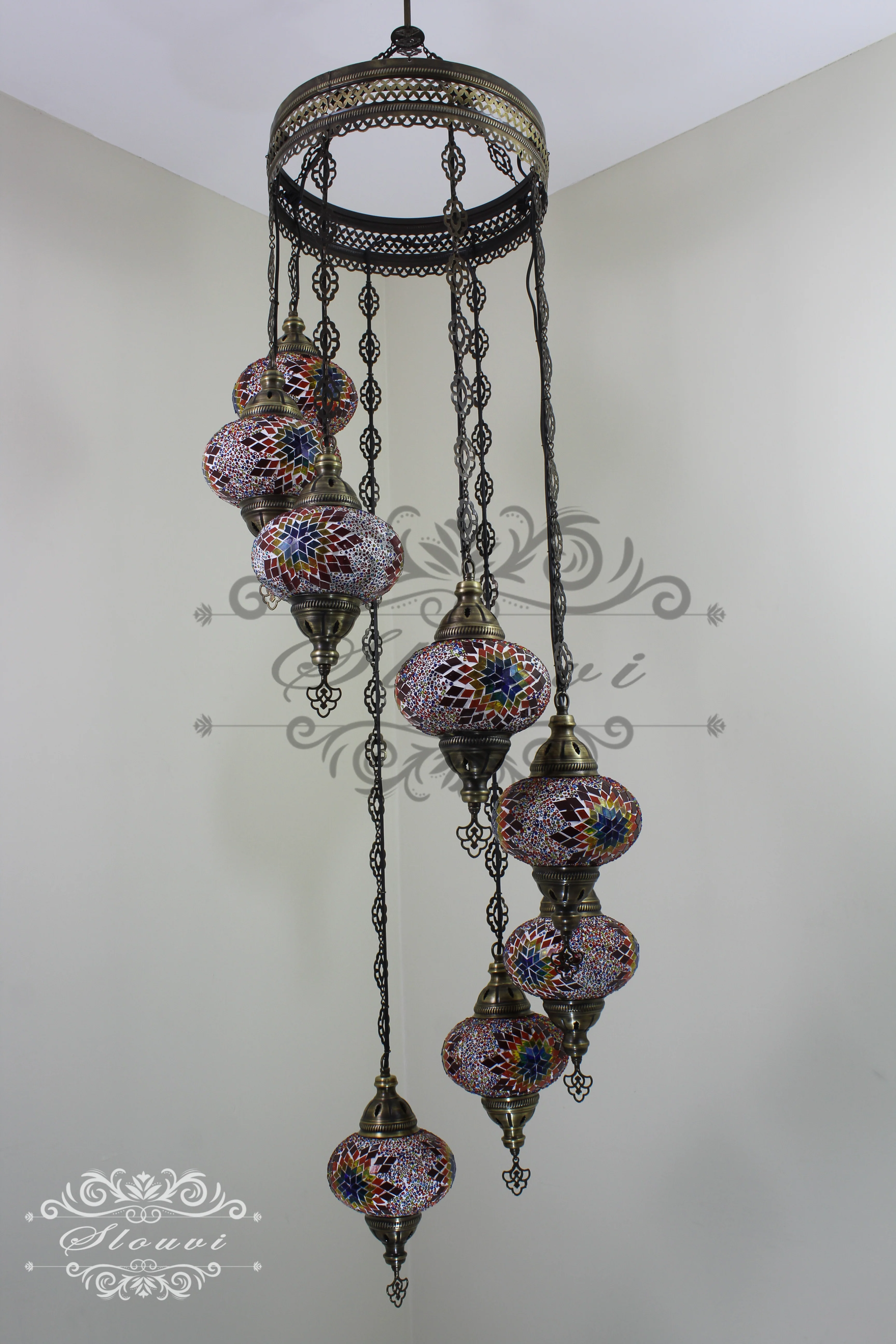 8 Ball Turkish Mosaic Chandelier - Water Drop Design with Large Globes, ID: 8HL-6 - Image 6