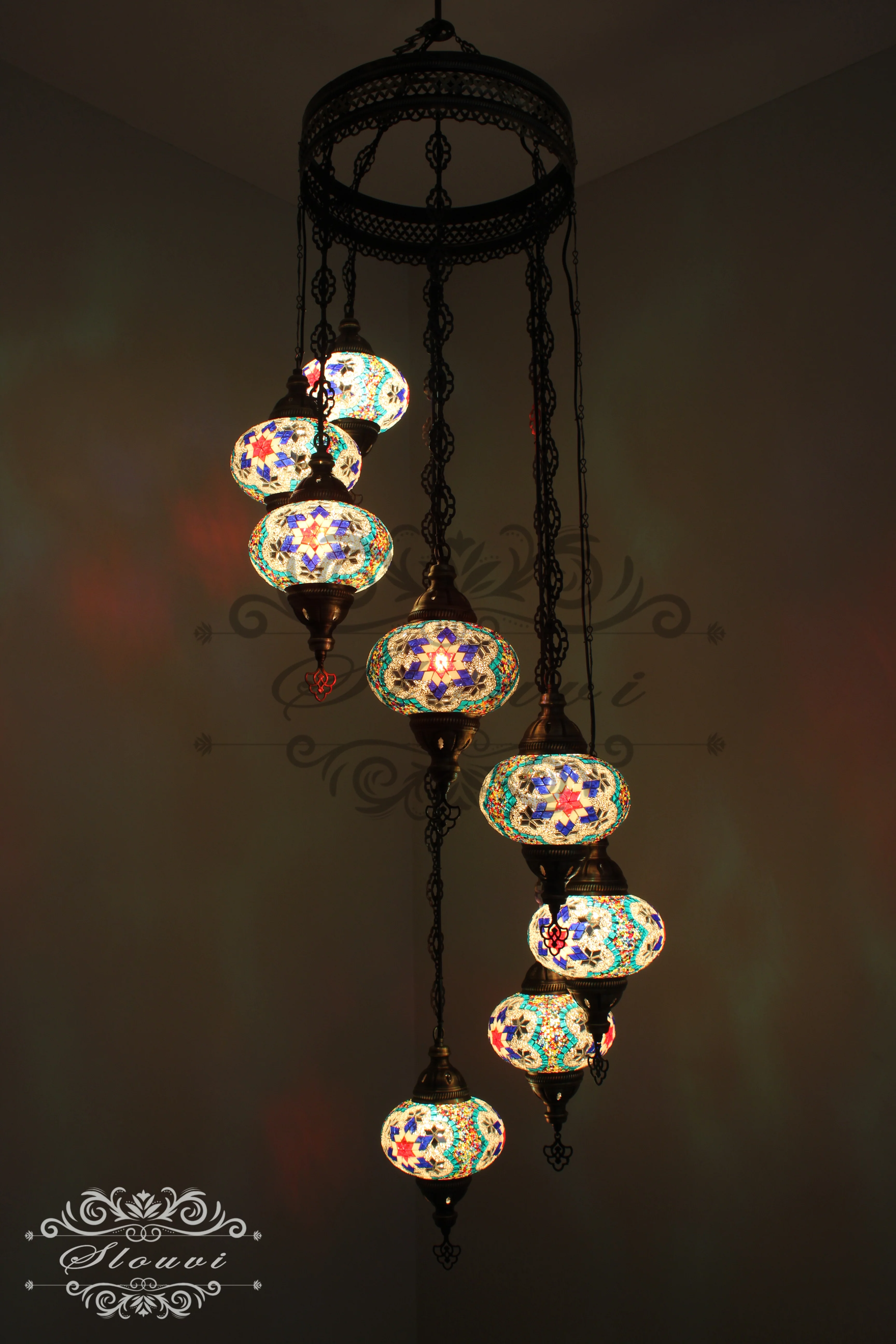 8 Ball Turkish Mosaic Chandelier - Water Drop Design with Large Globes, ID: 8HL-5