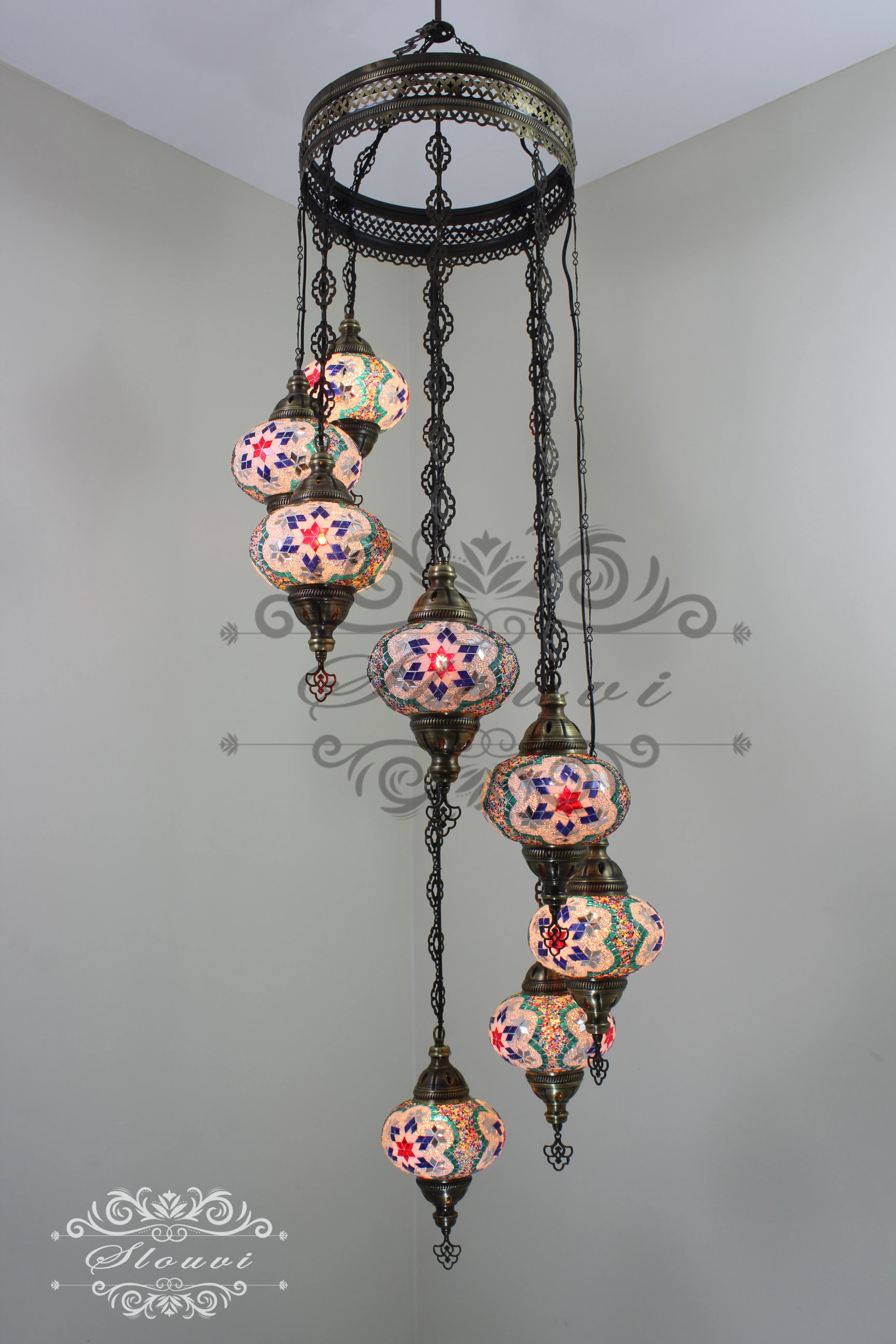 8 Ball Turkish Mosaic Chandelier - Water Drop Design with Large Globes, ID: 8HL-5 - Image 4