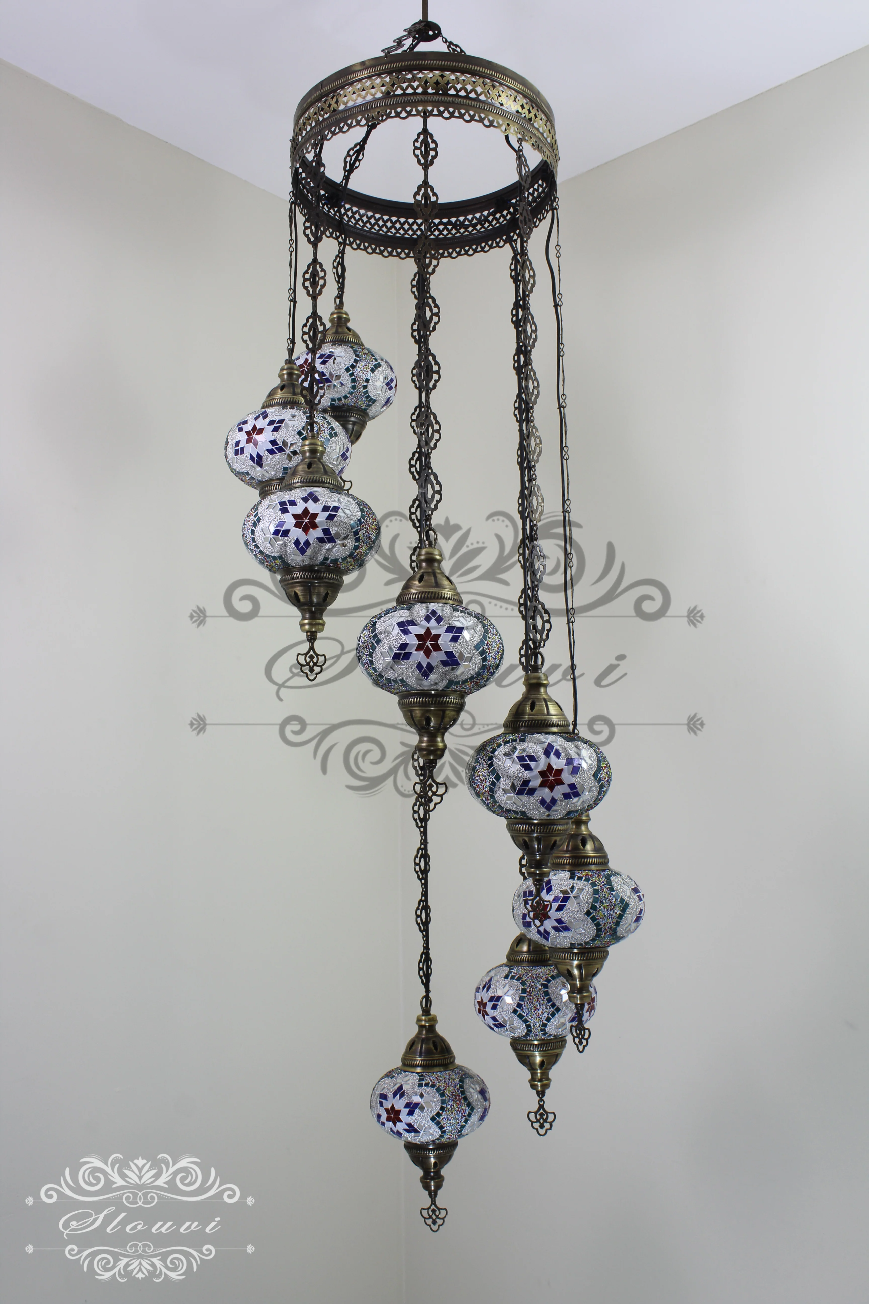 8 Ball Turkish Mosaic Chandelier - Water Drop Design with Large Globes, ID: 8HL-5 - Image 7