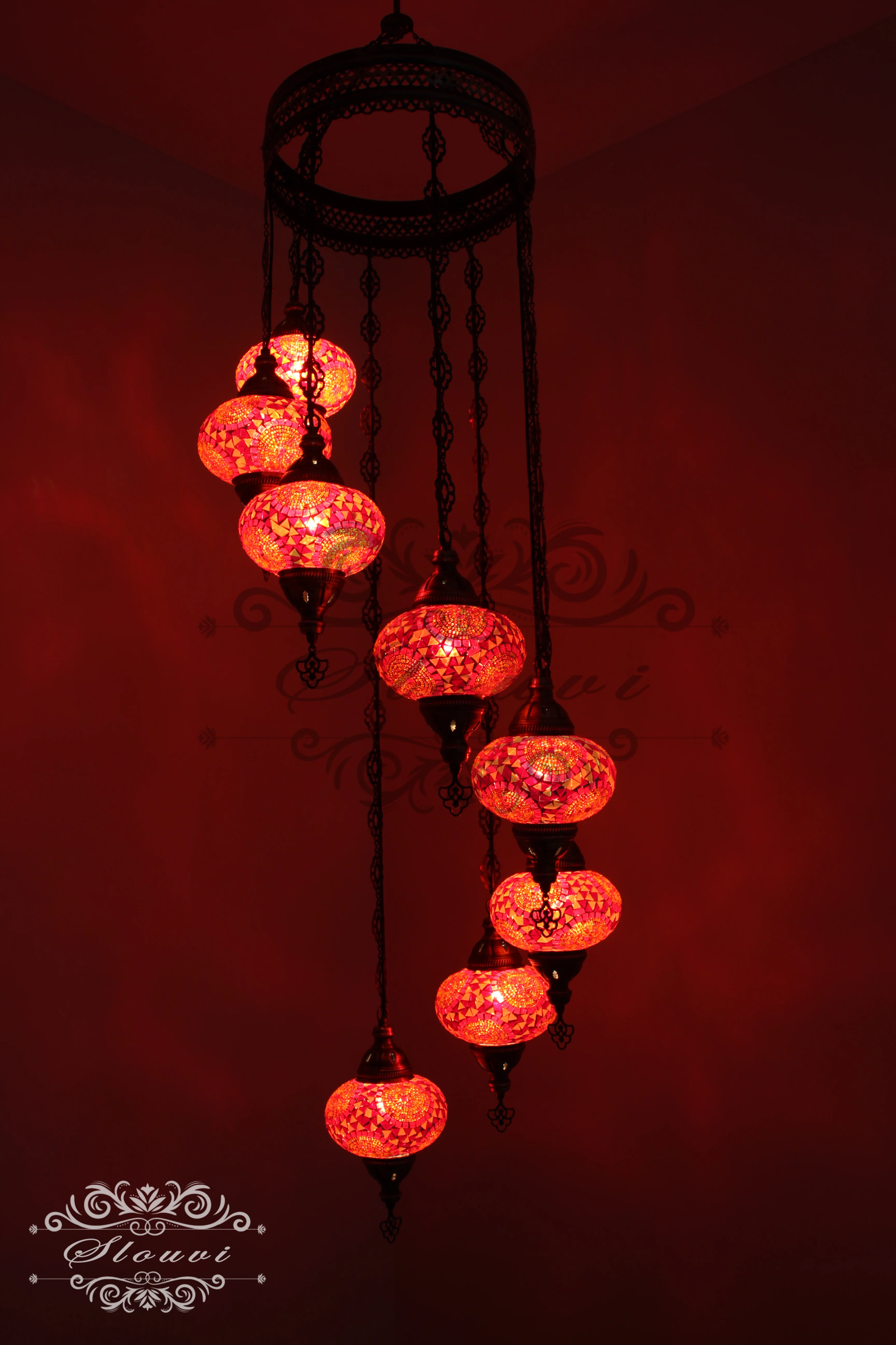 8 Ball Turkish Mosaic Chandelier - Water Drop Design with Large Globes, ID: 8HL-4